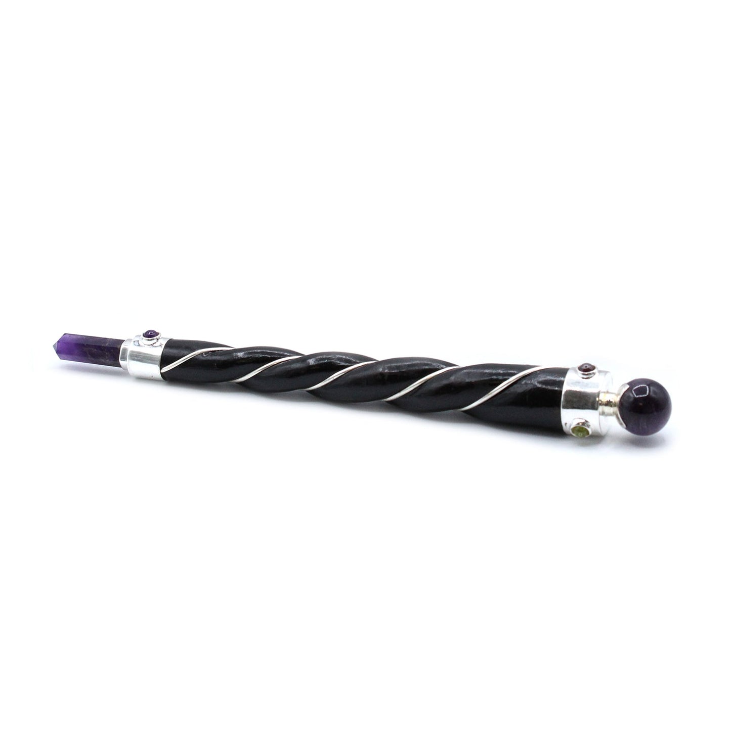 Handmade Twisted Teak Wooden Healing Wand - Silver Amethyst Gemstone product packaging on clean background from Quintessential Holistic Health Ltd