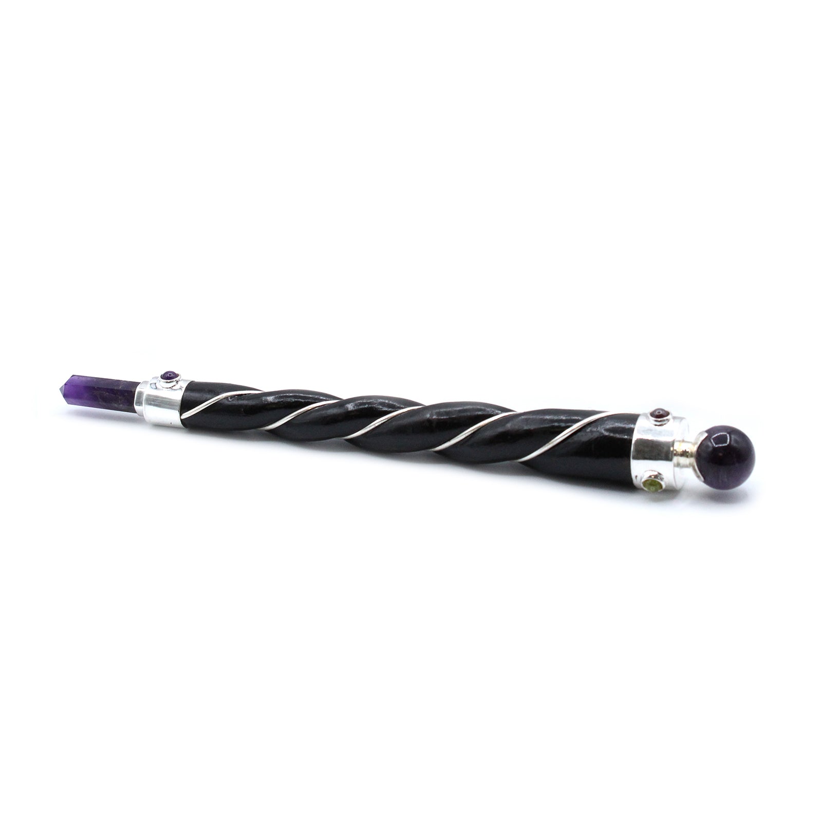 Handmade Twisted Teak Wooden Healing Wand - Silver Amethyst Gemstone product packaging on clean background from Quintessential Holistic Health Ltd