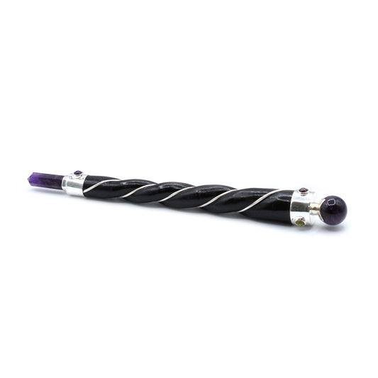 Handmade Twisted Teak Wooden Healing Wand - Silver Amethyst Gemstone product packaging on clean background from Quintessential Holistic Health Ltd