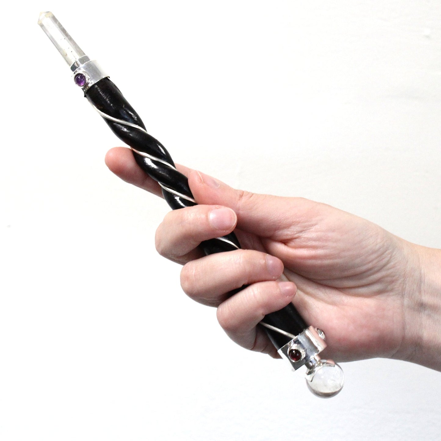 Handmade Twisted Teak Wooden Healing Wand - Silver Amethyst Gemstone product packaging on clean background from Quintessential Holistic Health Ltd