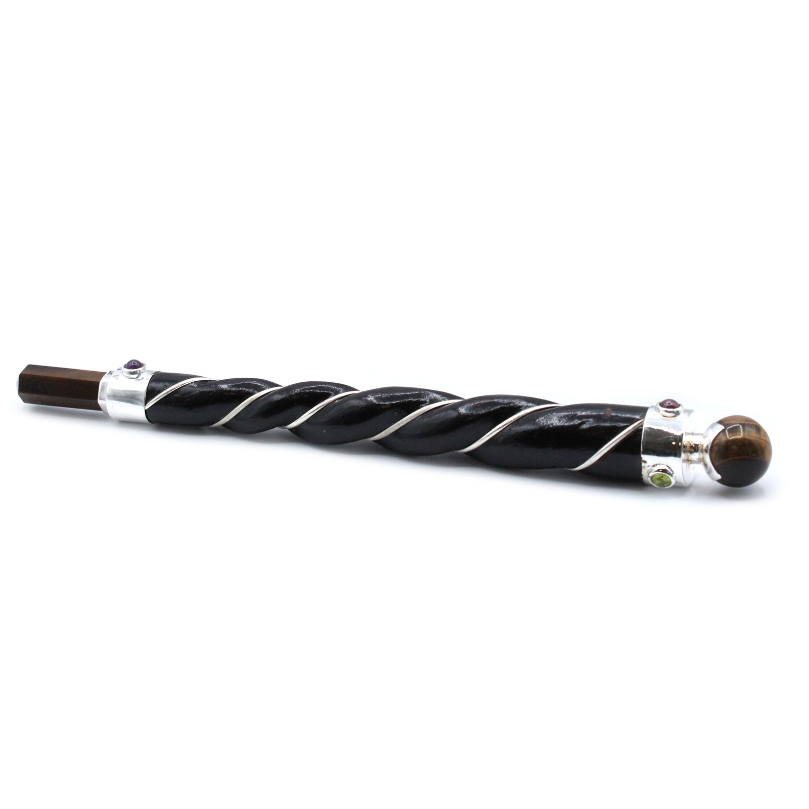 Handmade Twisted Teak Wooden Healing Wand with Copper - Tigers Eye Gemstone product packaging on clean background from Quintessential Holistic Health Ltd