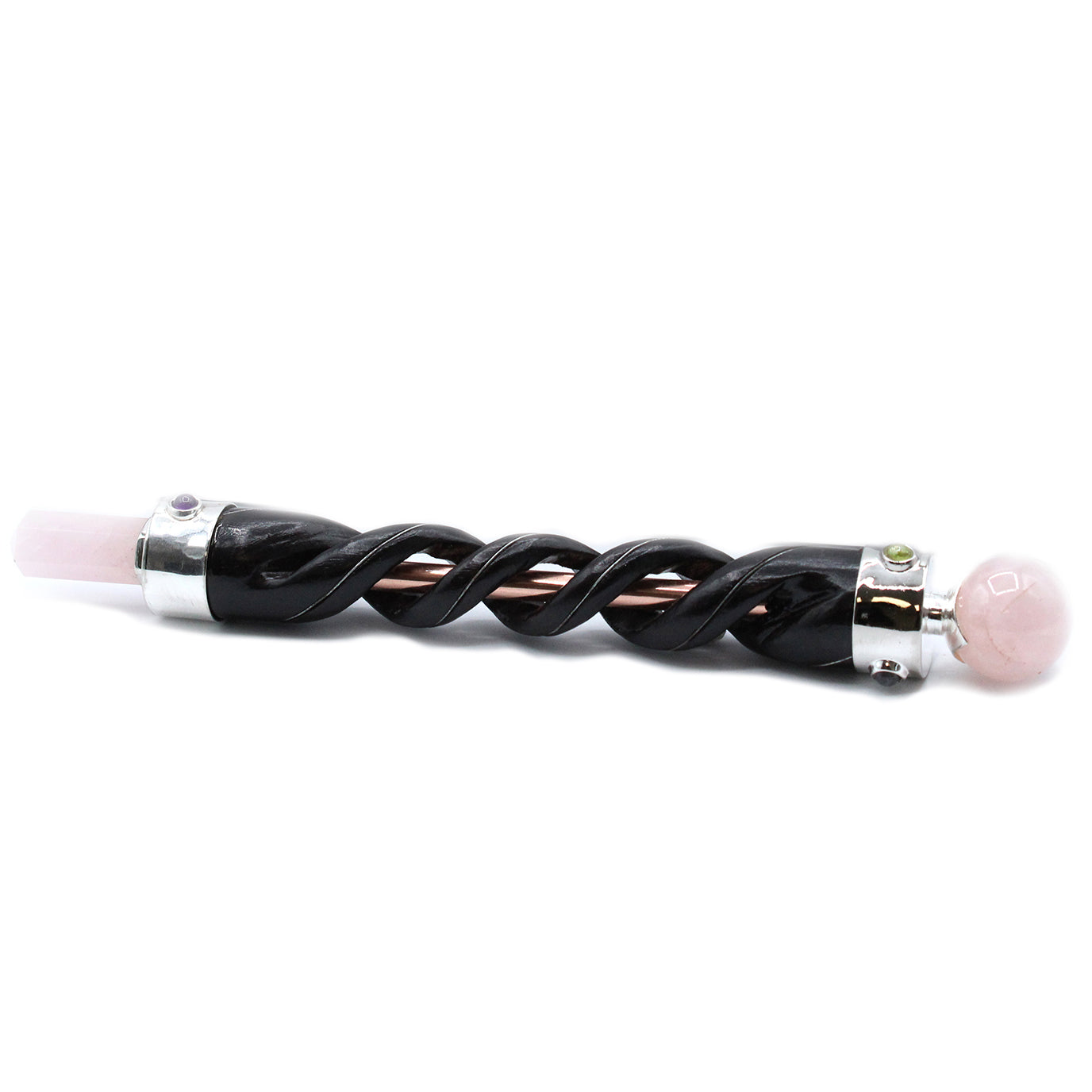Handmade Spiral Teak Wooden Healing Wand with Copper - Rose Quartz Gemstones product packaging on clean background from Quintessential Holistic Health Ltd