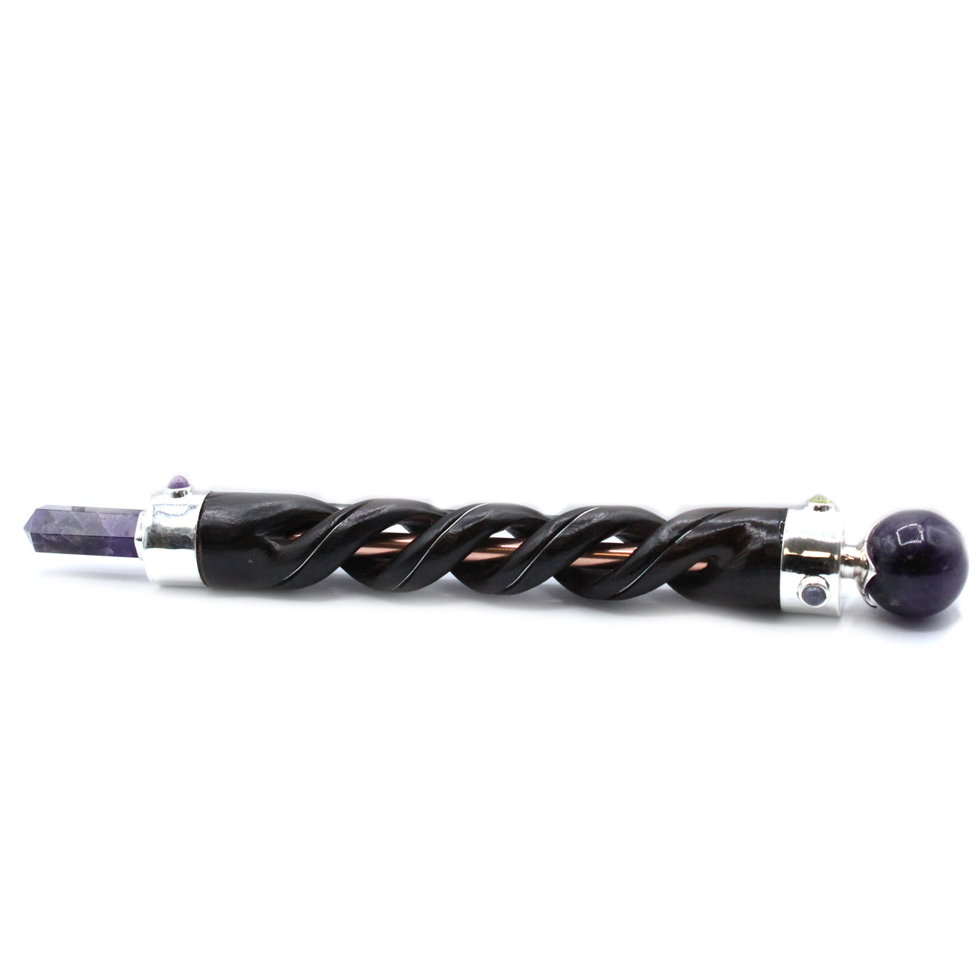 Handmade Spiral Teak Wooden Healing Wand with Copper - Amethyst Gemstone product packaging on clean background from Quintessential Holistic Health Ltd
