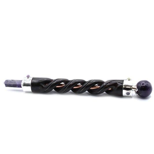 Handmade Spiral Teak Wooden Healing Wand with Copper - Amethyst Gemstone product packaging on clean background from Quintessential Holistic Health Ltd
