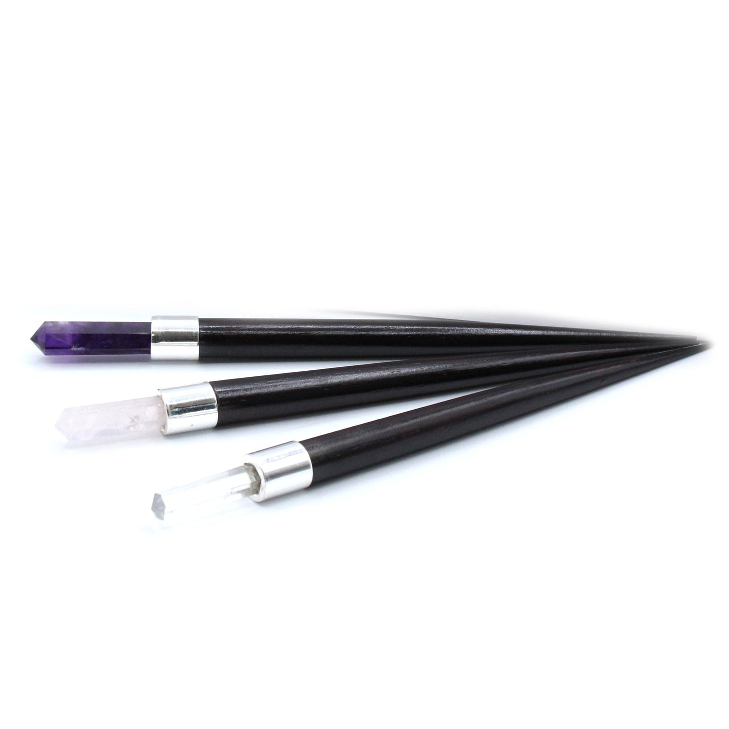 3 x Handmade Pointed Healing Wand Starter Kit - Rock Quartz, Rose Quartz and Amethyst Gemstones product packaging on clean background from Quintessential Holistic Health Ltd