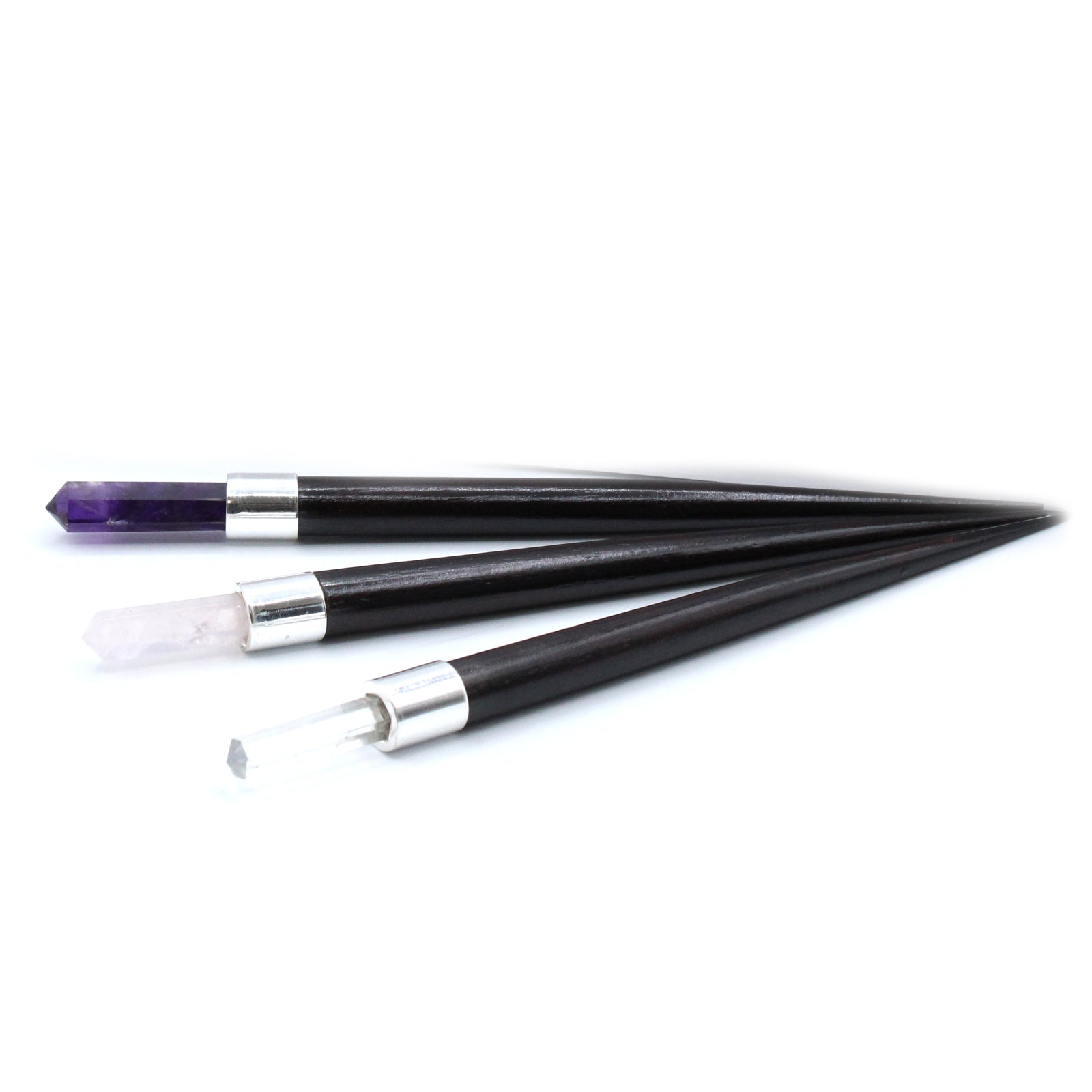 3 x Handmade Pointed Healing Wand Starter Kit - Rock Quartz, Rose Quartz and Amethyst Gemstones product packaging on clean background from Quintessential Holistic Health Ltd