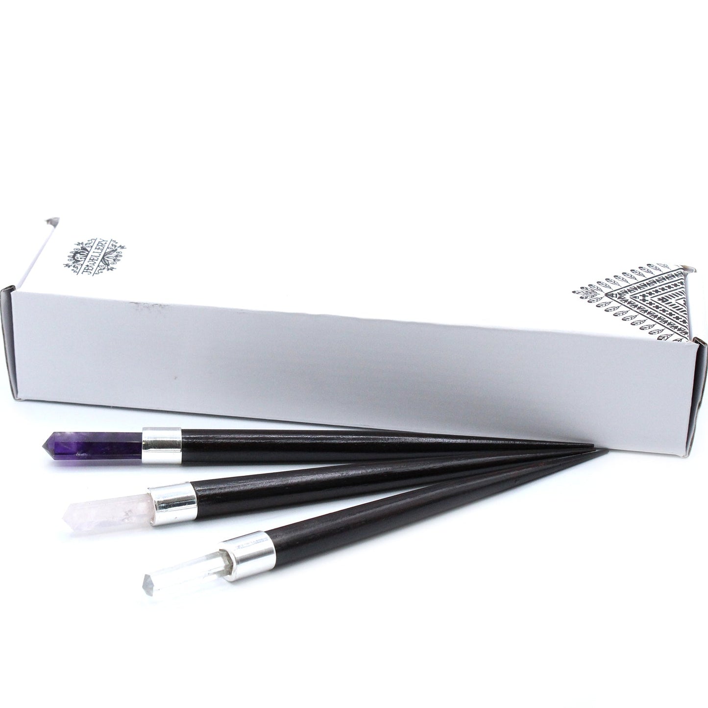 3 x Handmade Pointed Healing Wand Starter Kit - Rock Quartz, Rose Quartz and Amethyst Gemstones product packaging on clean background from Quintessential Holistic Health Ltd
