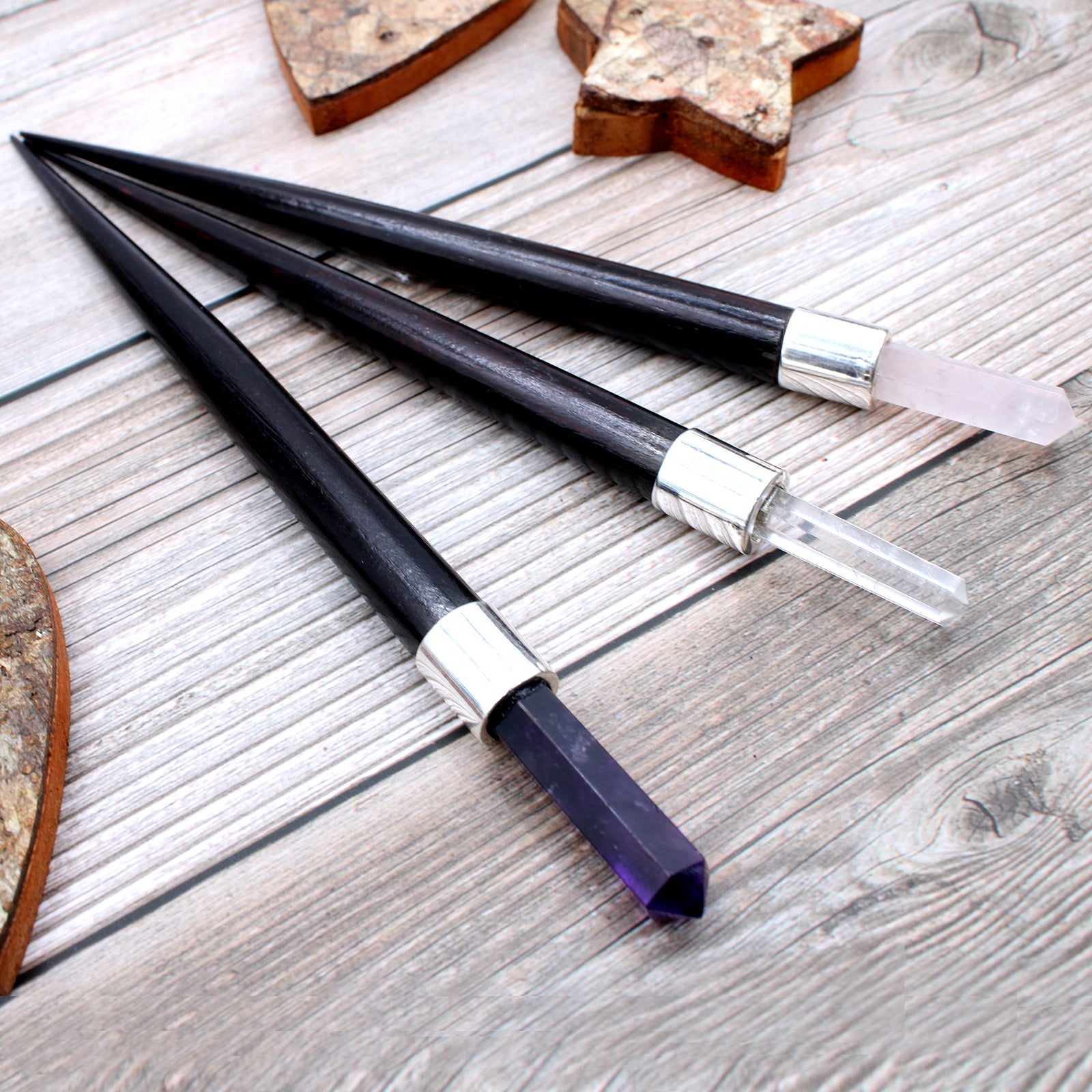 3 x Handmade Pointed Healing Wand Starter Kit - Rock Quartz, Rose Quartz and Amethyst Gemstones product packaging on clean background from Quintessential Holistic Health Ltd