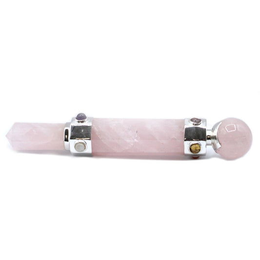 Handmade Hexagonal Healing Wand - Rose Quartz Gemstone product packaging on clean background from Quintessential Holistic Health Ltd