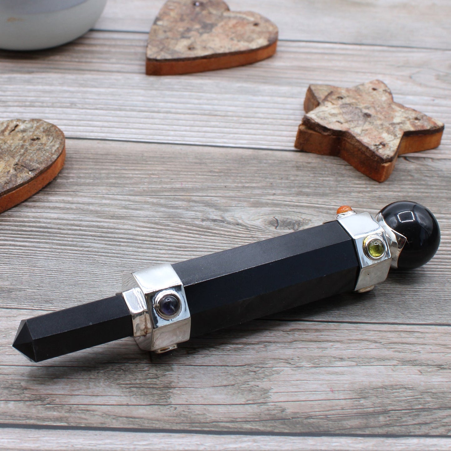 Handmade Hexagonal Healing Wand - Black Agate Gemstone product packaging on clean background from Quintessential Holistic Health Ltd
