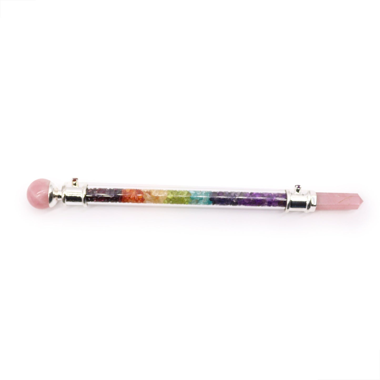 Handmade 7 Chakra Crystal Healing Wand - Rose Quartz Gemstone product packaging on clean background from Quintessential Holistic Health Ltd