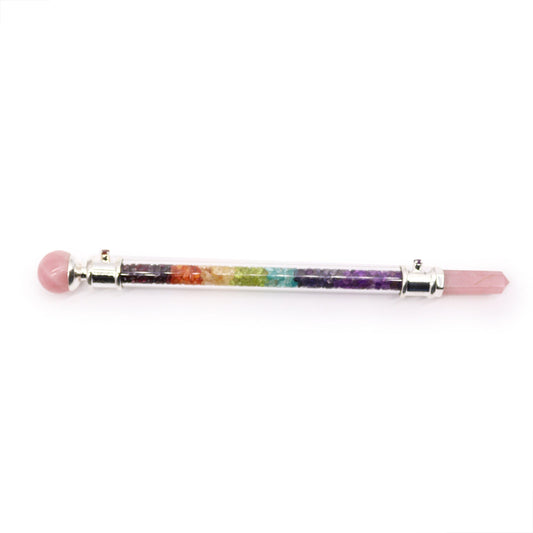Handmade 7 Chakra Crystal Healing Wand - Rose Quartz Gemstone product packaging on clean background from Quintessential Holistic Health Ltd