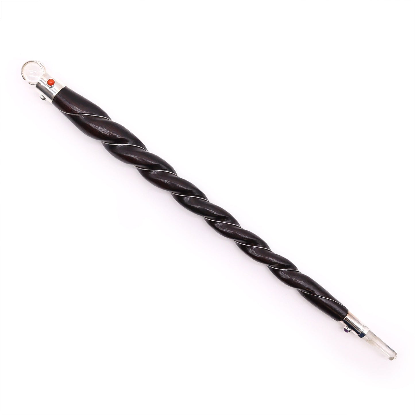 Handmade Twisted Teak Wooden Healing Wand - Extra Large / Rock Quartz Gemstone product packaging on clean background from Quintessential Holistic Health Ltd