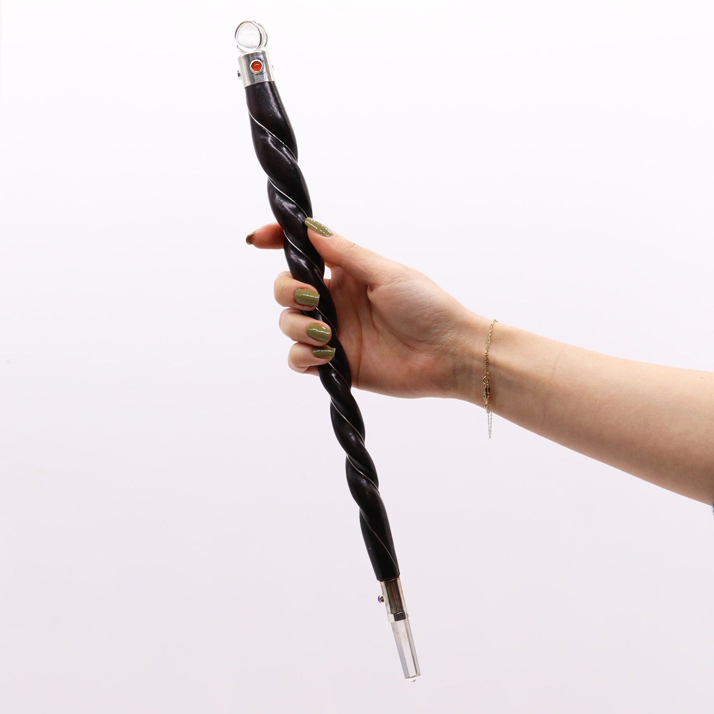 Handmade Twisted Teak Wooden Healing Wand - Extra Large / Rock Quartz Gemstone product packaging on clean background from Quintessential Holistic Health Ltd