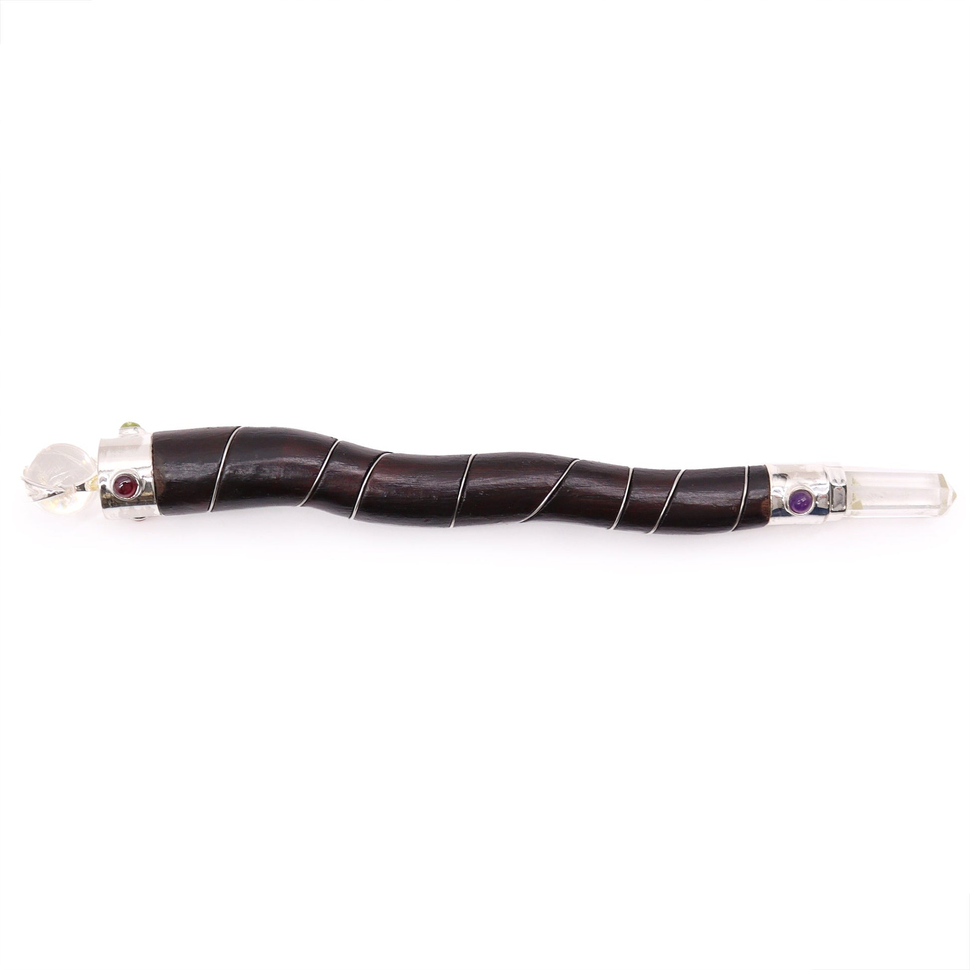 Handmade Curved Teak Wooden Healing Wand - Rock Quartz Gemstone product packaging on clean background from Quintessential Holistic Health Ltd