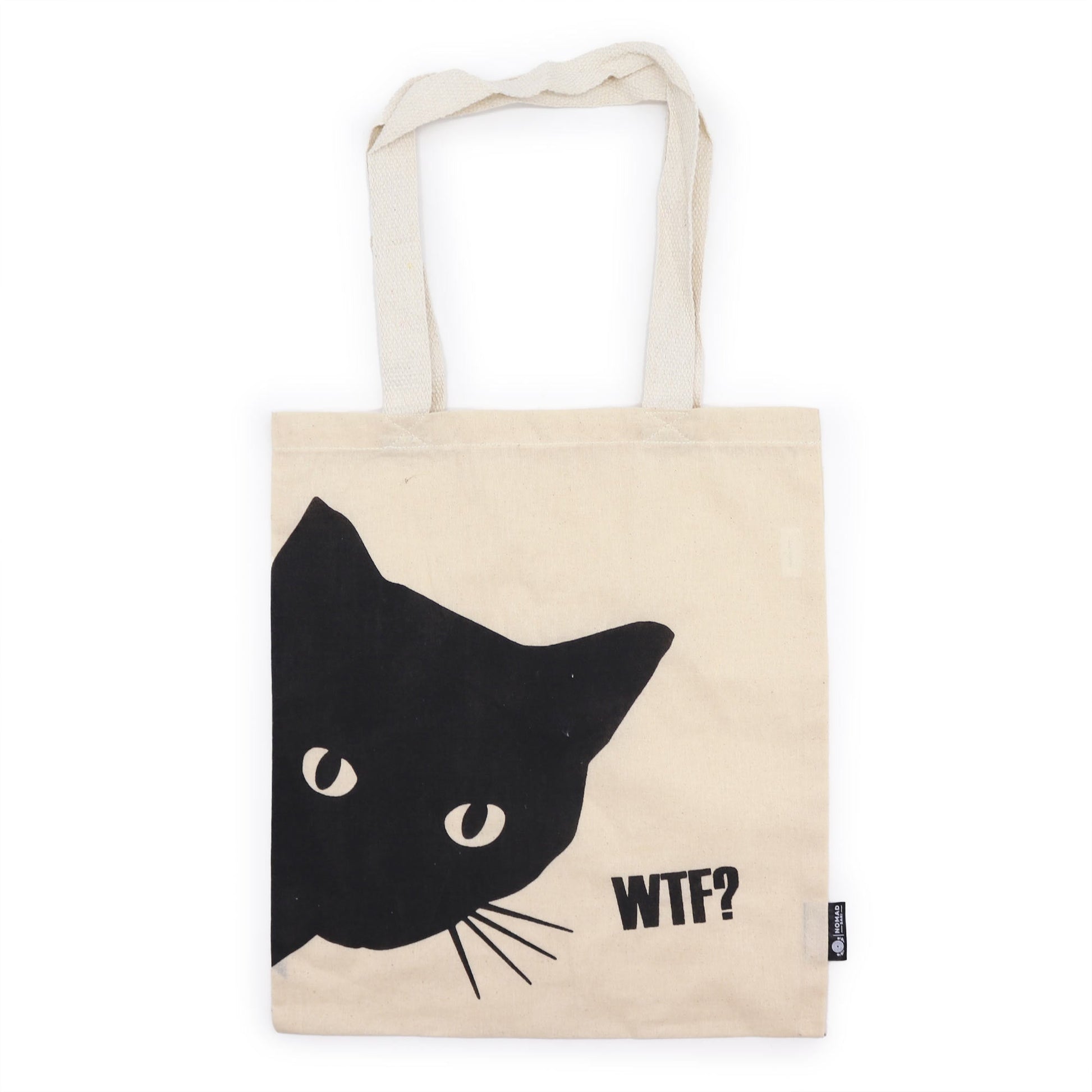 Iconic Natural Cotton Tote Bag - Black Cat - Natural with a black cat face, whiskers and WTF? print by Quintessential Holistic Health Ltd