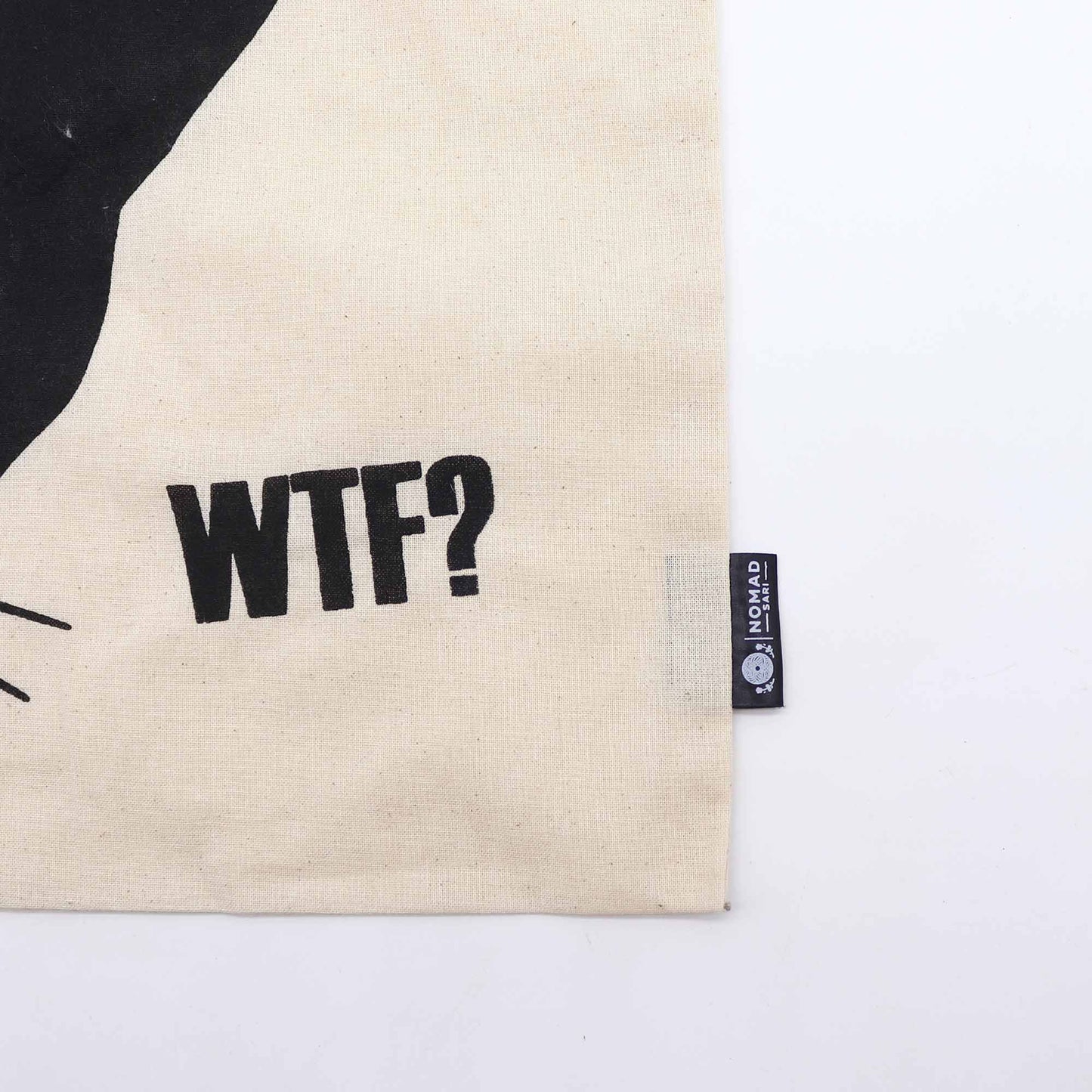 Iconic Natural Cotton Tote Bag - Black Cat - Natural, close-up of the WTF? print and side label by Quintessential Holistic Health Ltd
