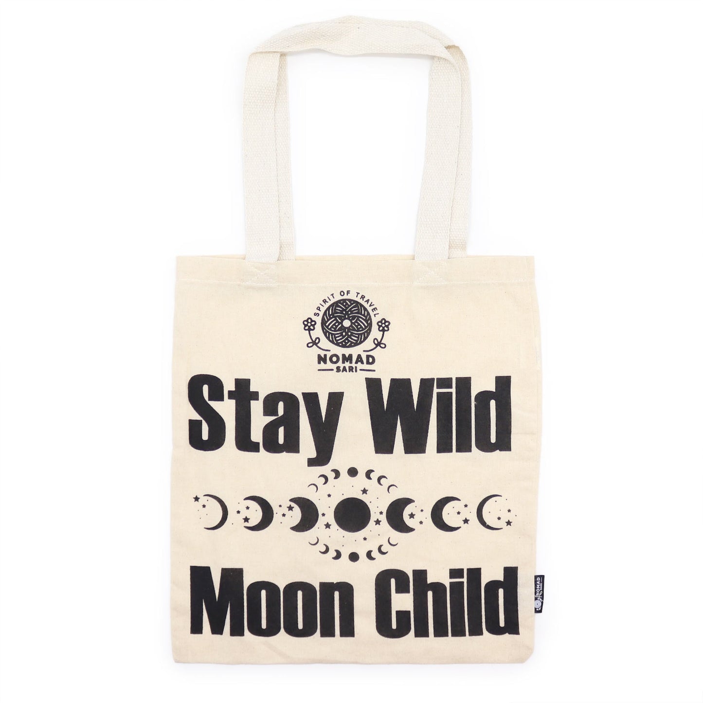 Iconic Natural Cotton Tote Bag - Stay Wild Moon Child - Natural with bold text, moon phases and a circular emblem by Quintessential Holistic Health Ltd
