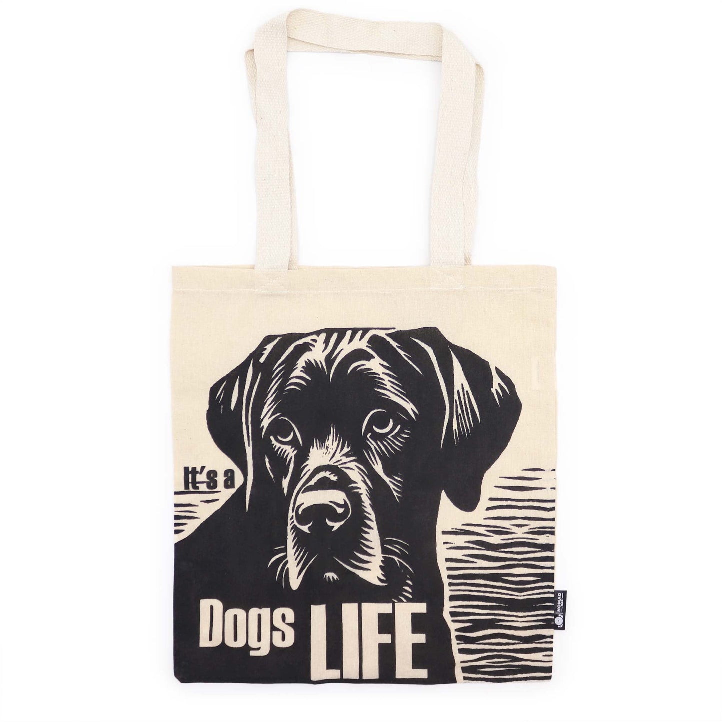 Iconic Natural Cotton Tote Bag - It's a Dog's Life - Natural with an illustrated dog portrait, bold text and striped detail by Quintessential Holistic Health Ltd