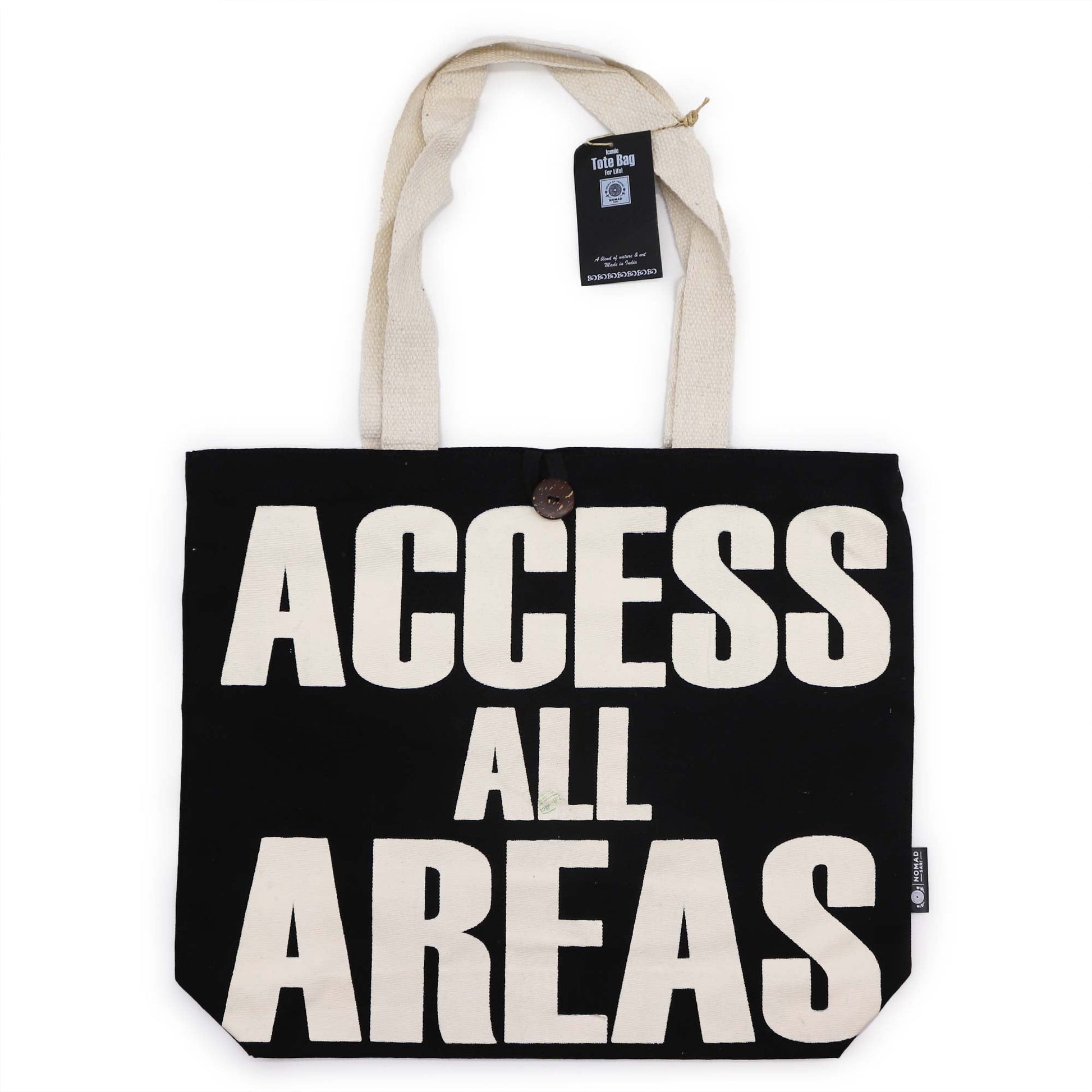 Iconic Cotton Classic Tote Bag - Access All Areas - Black & Natural, with bold cream lettering, brown button and hanging tag by Quintessential Holistic Health Ltd