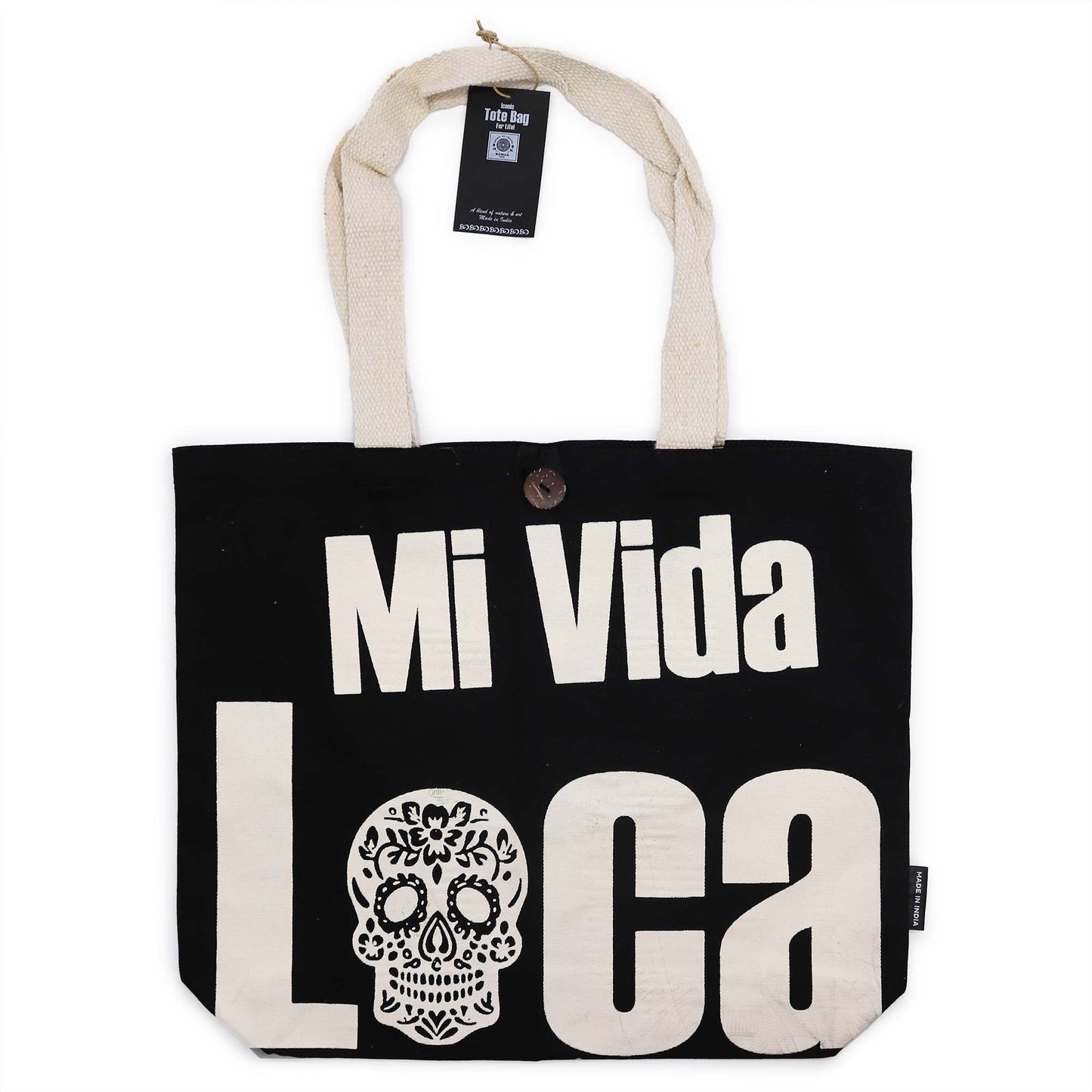 Iconic Cotton Classic Tote Bag - Mi Vida Loca - Black & Natural, with bold cream lettering, decorative skull, brown button and tag by Quintessential Holistic Health Ltd