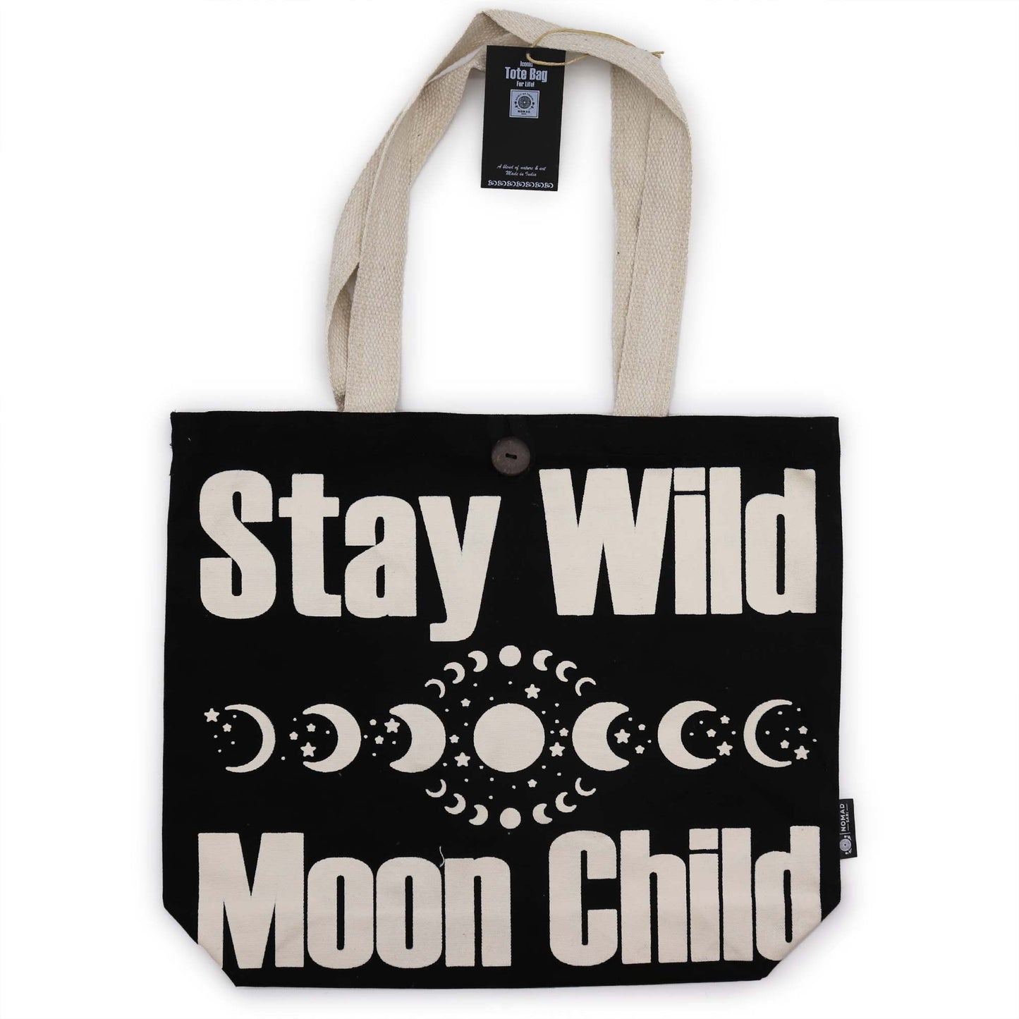 Iconic Natural Bag - Stay Wild, Mood Child - Black and Natural, with bold cream text and a moon-phase motif, by Quintessential Holistic Health Ltd