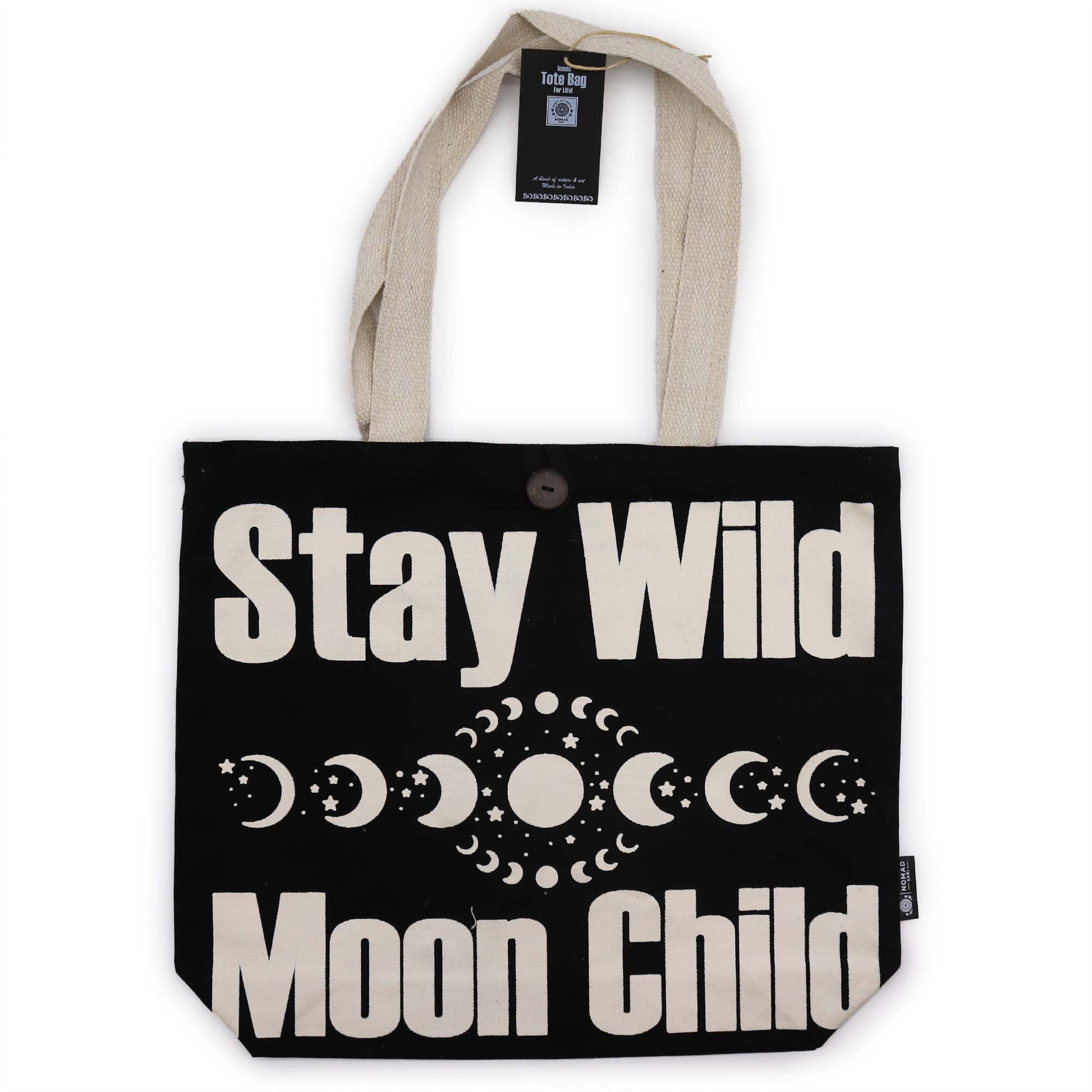 Iconic Natural Bag - Stay Wild, Mood Child - Black and Natural, with bold cream text and a moon-phase motif, by Quintessential Holistic Health Ltd