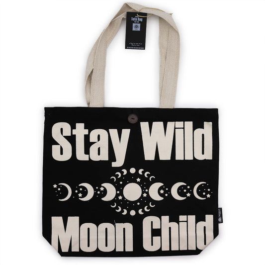 Iconic Natural Cotton Classic Tote Bag - Stay Wild, Mood Child - Black and Natural - main product image from Quintessential Holistic Health Ltd UK