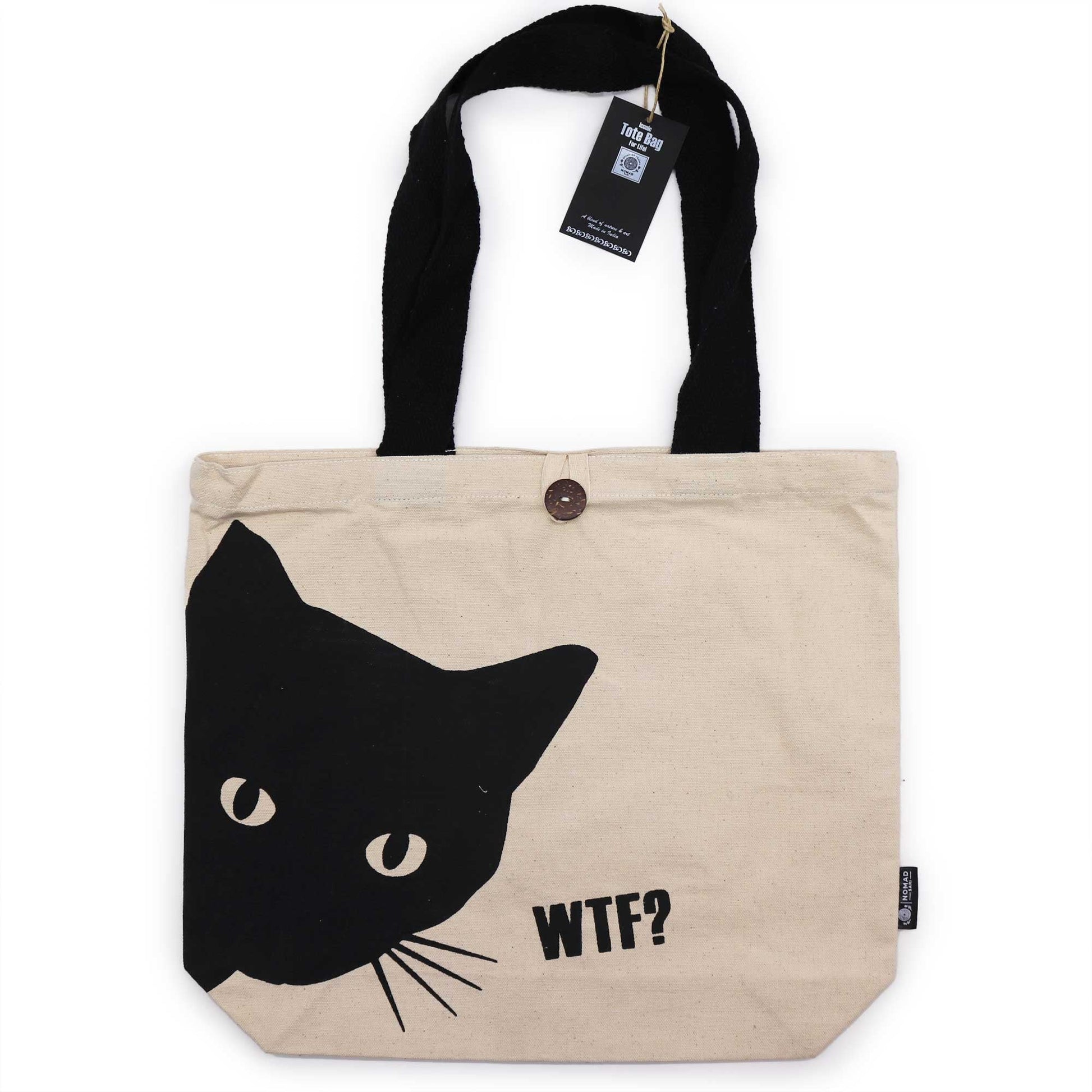 Iconic Cotton Classic Tote Bag - WTF Black Cat - Natural, with black trim, cat face, WTF? print, brown button and hanging tag by Quintessential Holistic Health Ltd
