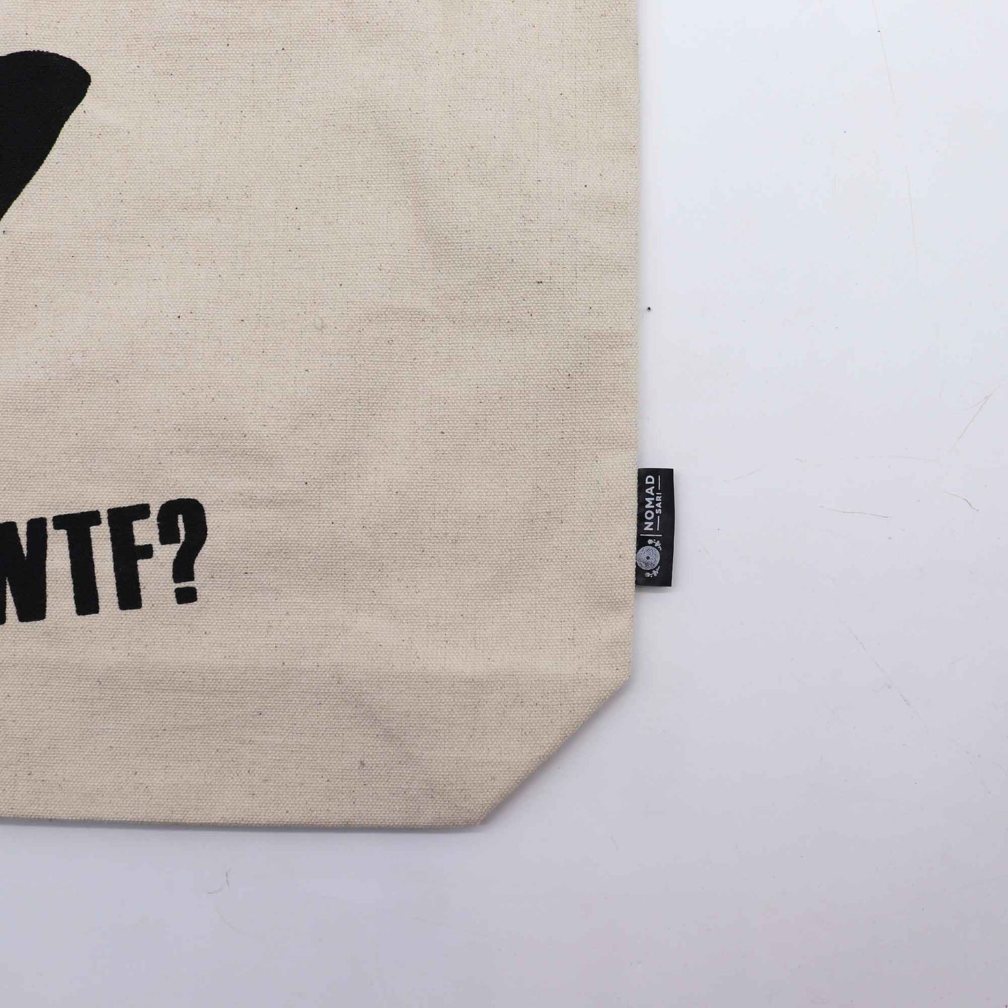 Iconic Cotton Classic Tote Bag - WTF Black Cat - Natural, close-up of WTF? print, lower corner and side label by Quintessential Holistic Health Ltd