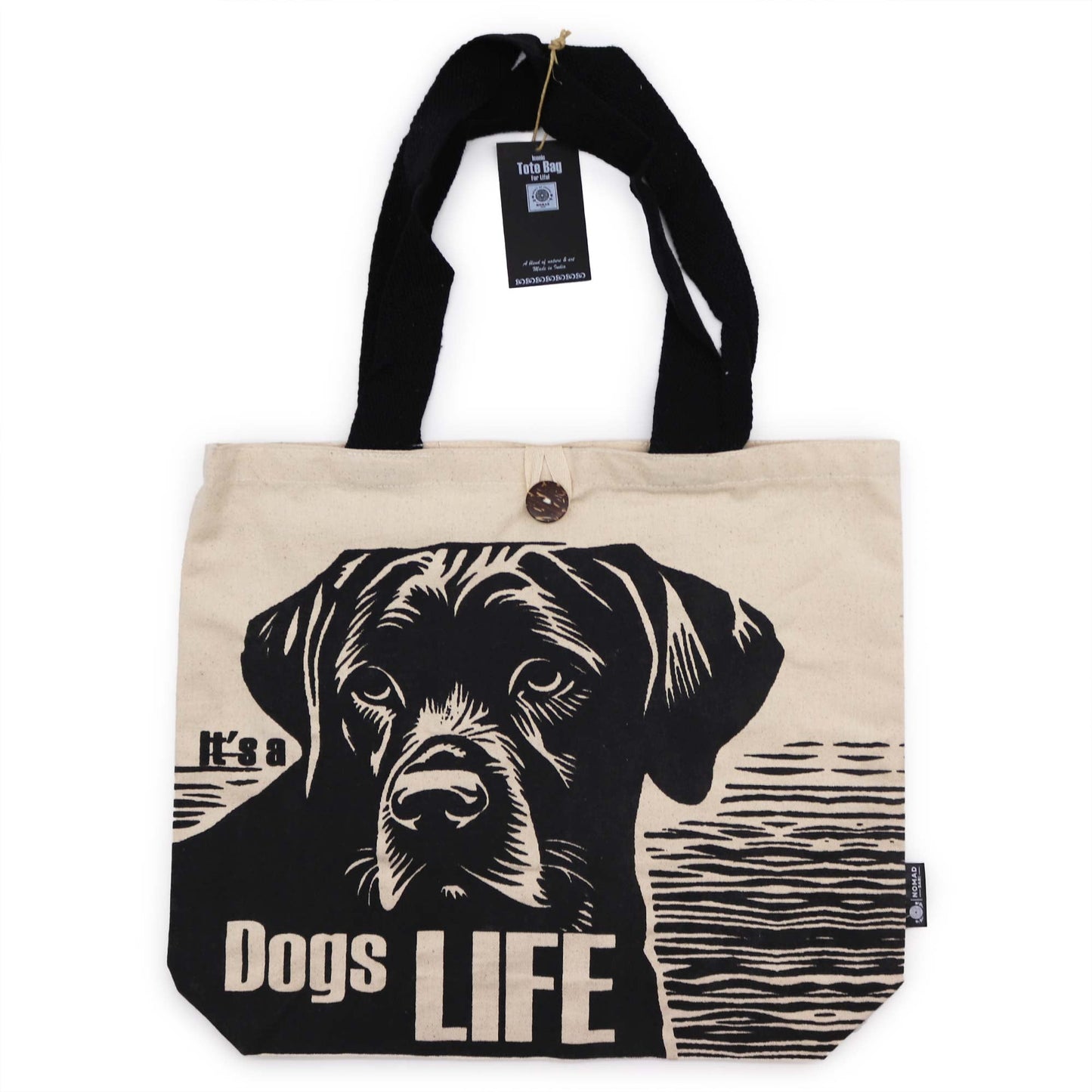 Cotton Classic Tote Bag - It's a Dog's Life - Black & Natural, with a dog portrait, striped panel, black trim and brown button by Quintessential Holistic Health Ltd