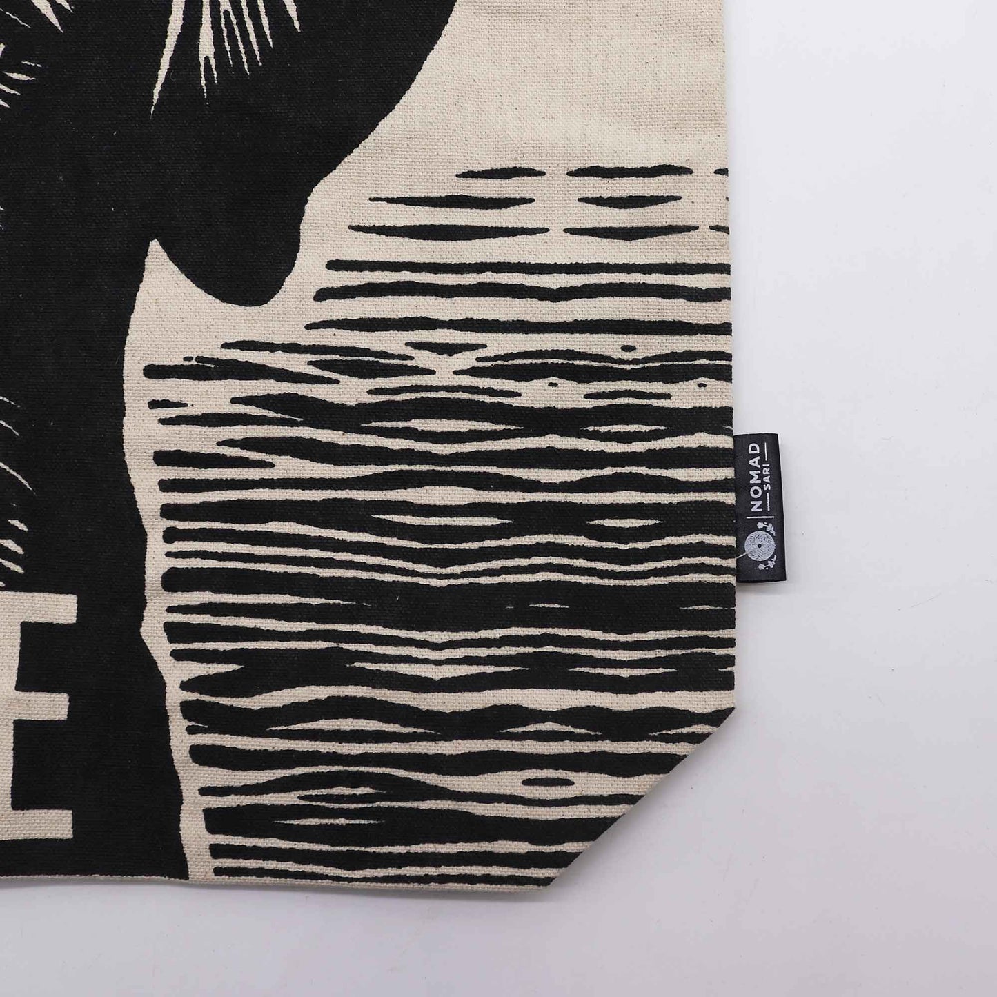 Cotton Classic Tote Bag - It's a Dog's Life - Black & Natural, close-up of the striped panel, lower corner and side label by Quintessential Holistic Health Ltd