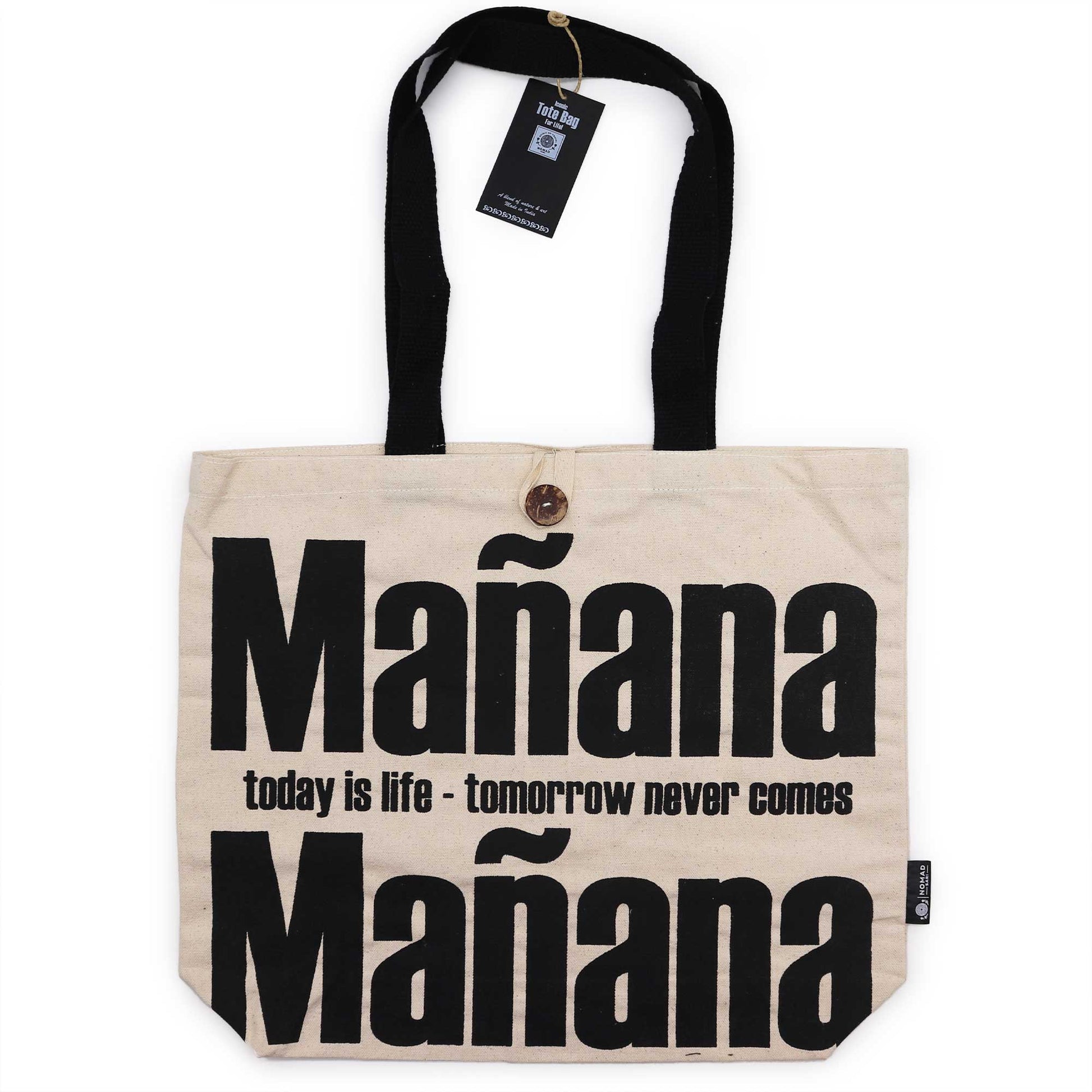 Iconic Cotton Classic Tote Bag - Mañana Mañana - Natural, with oversized black lettering, small slogan text, brown button and side label by Quintessential Holistic Health Ltd