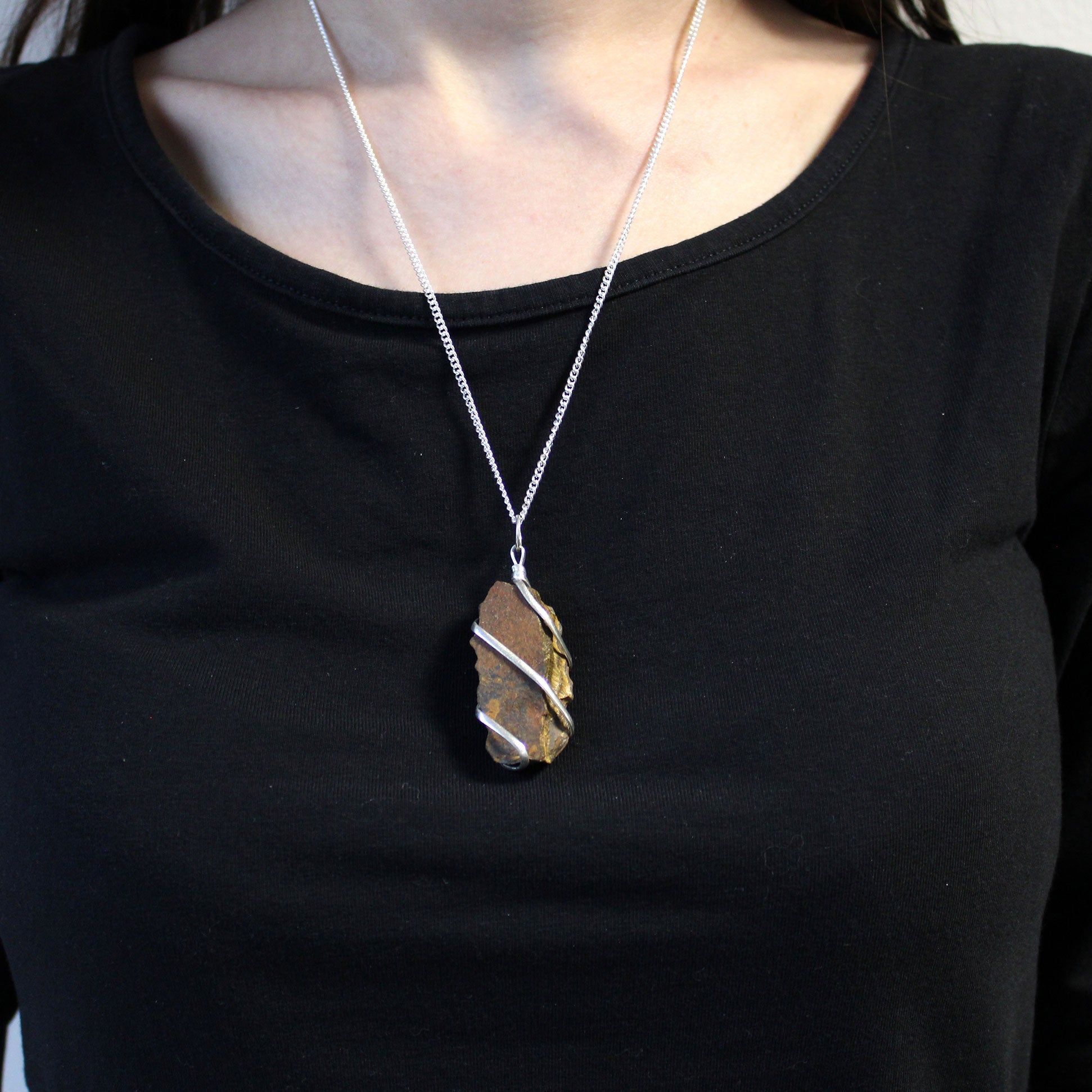 Cascade Wrapped Gemstone Necklace - Rough Tigers Eye product packaging on clean background from Quintessential Holistic Health Ltd
