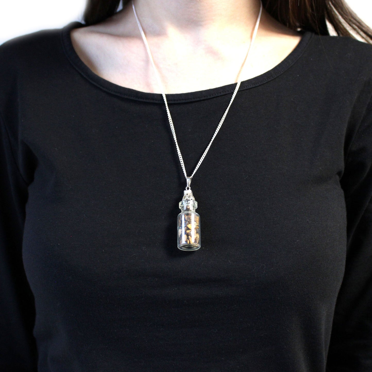 Bottled Gemstones Necklace - Tigers Eye product packaging on clean background from Quintessential Holistic Health Ltd