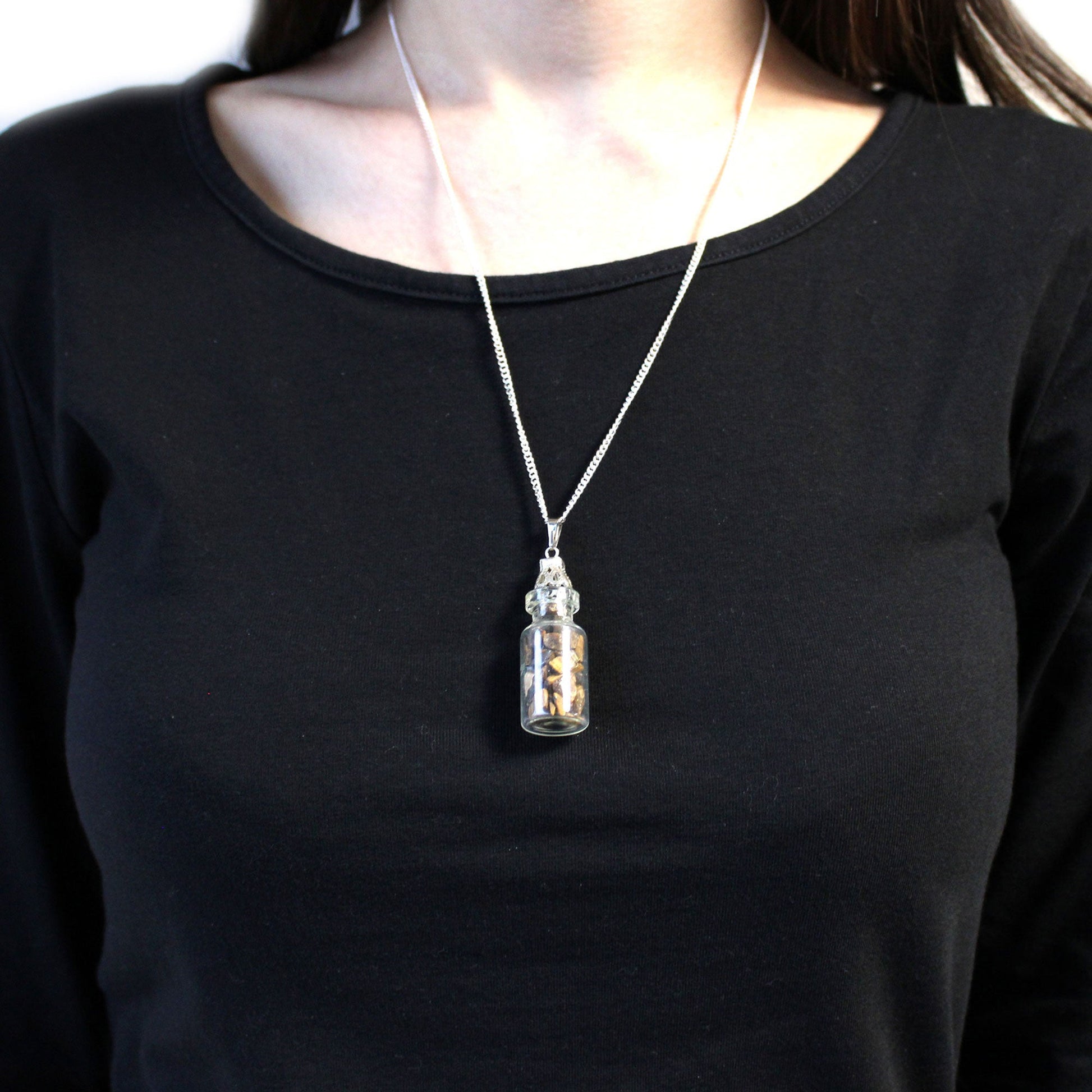 Bottled Gemstones Necklace - Tigers Eye product packaging on clean background from Quintessential Holistic Health Ltd