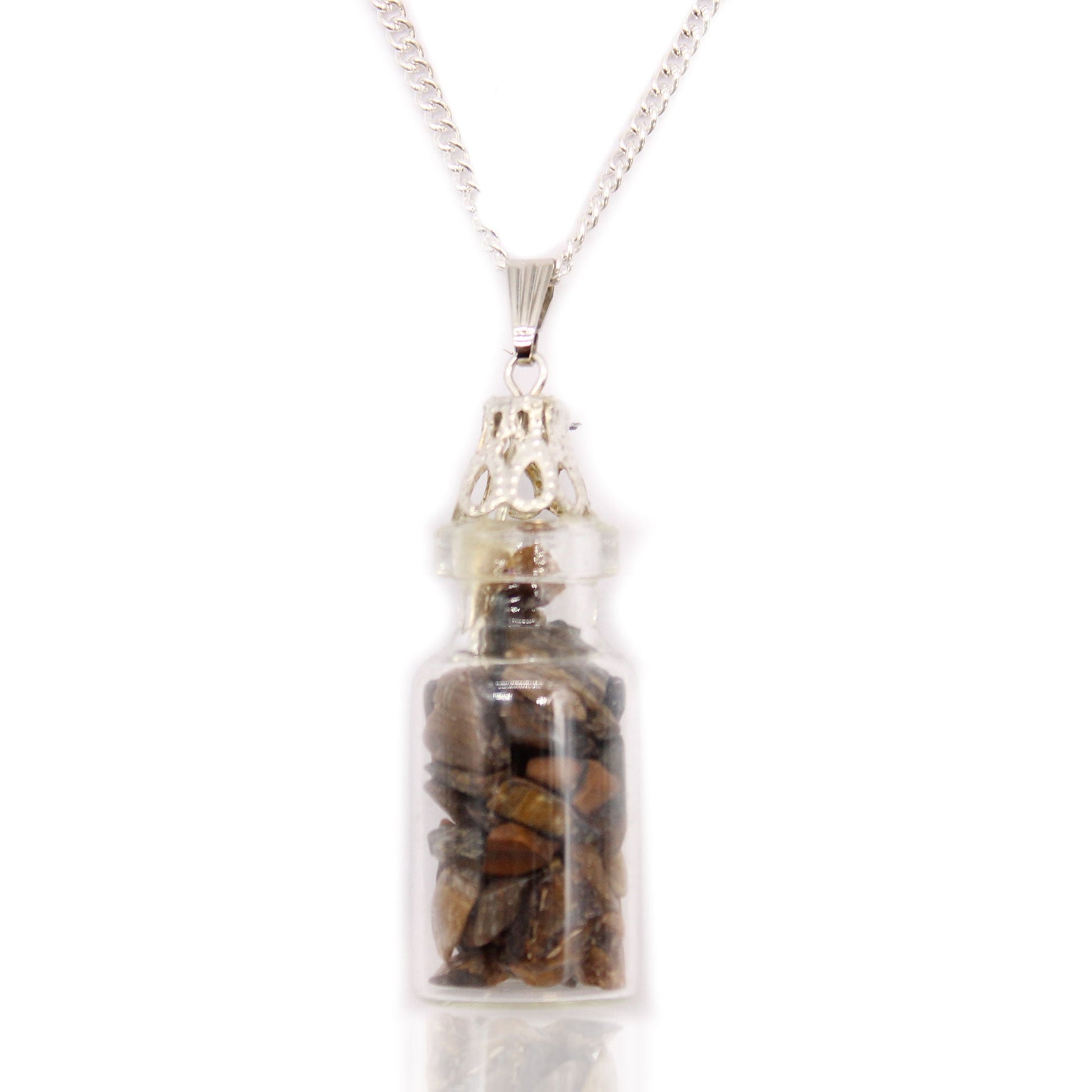 Bottled Gemstones Necklace - Tigers Eye product packaging on clean background from Quintessential Holistic Health Ltd