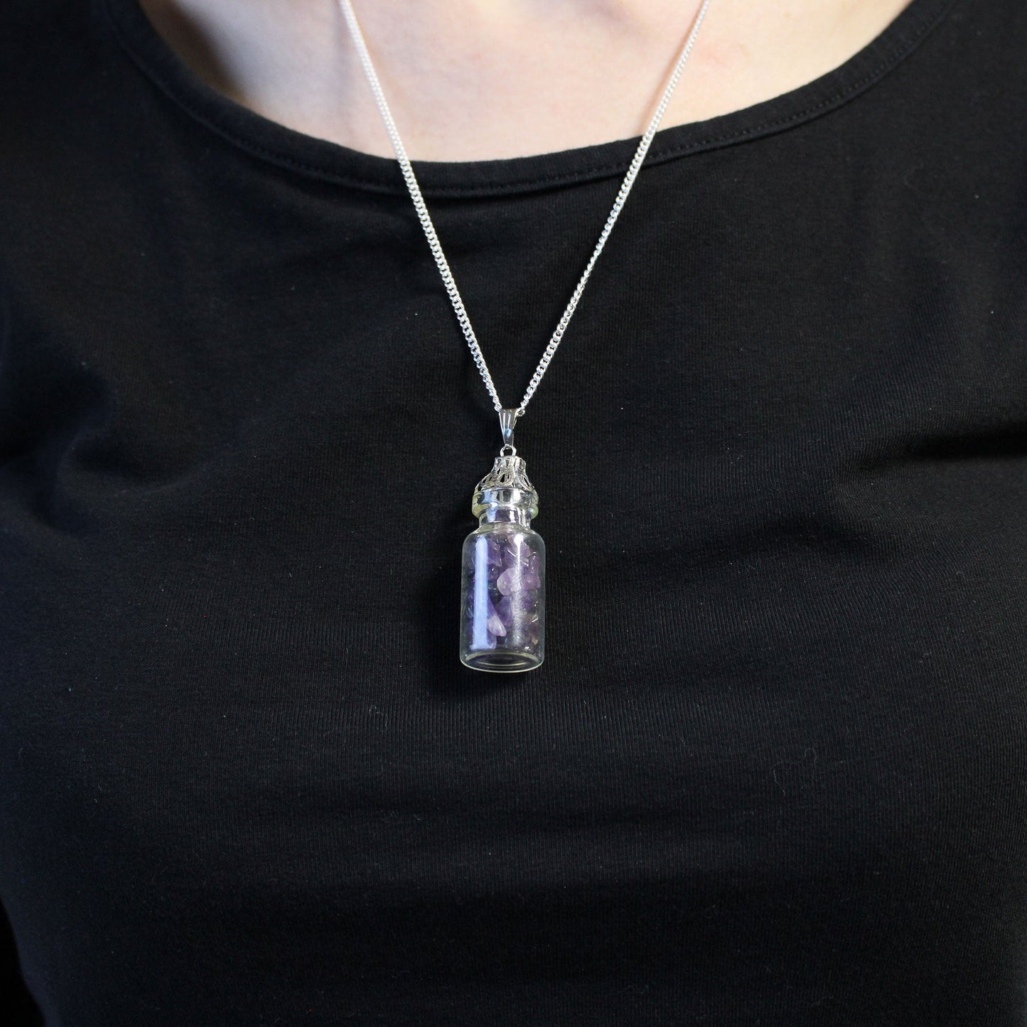 Bottled Gemstones Necklace - Amethyst product packaging on clean background from Quintessential Holistic Health Ltd
