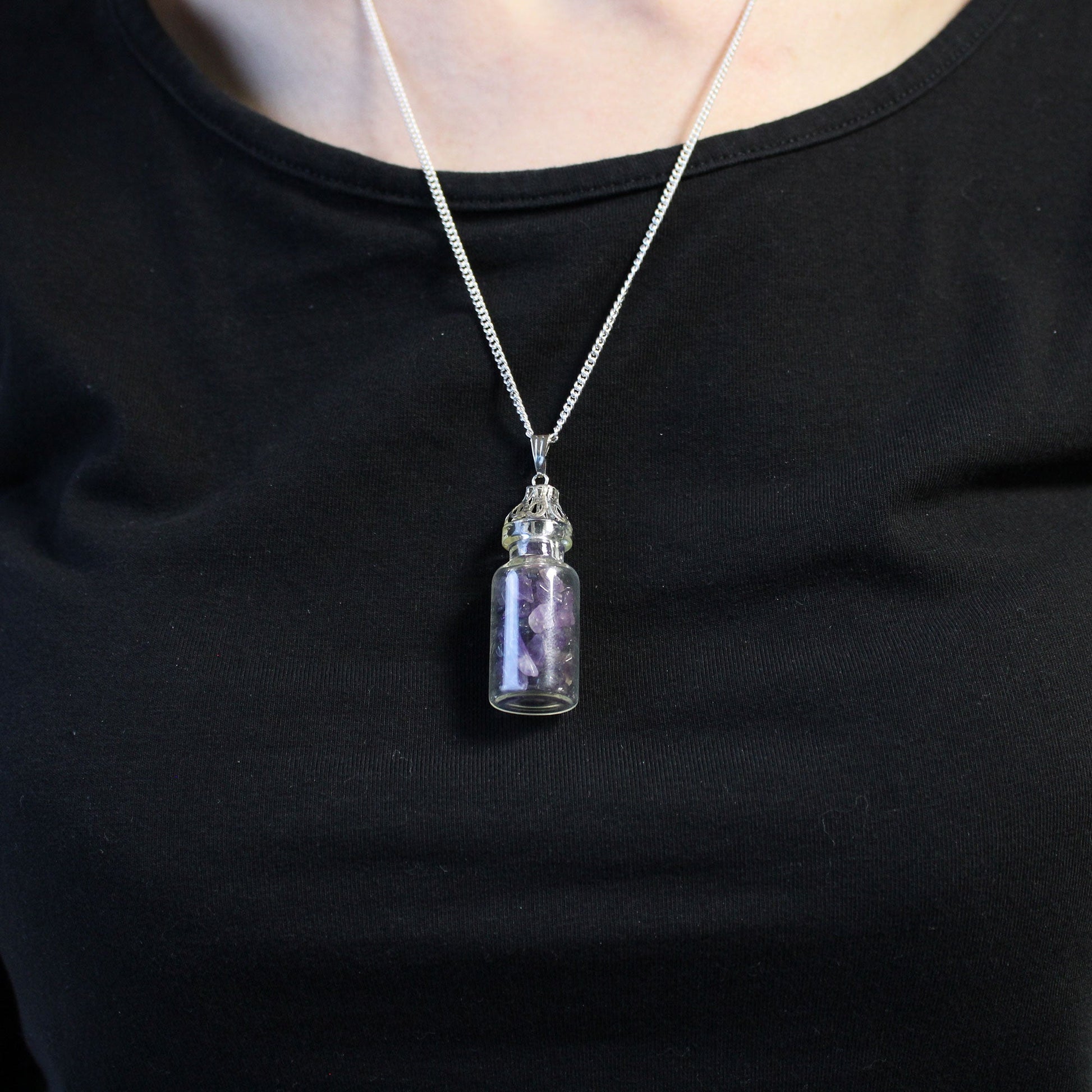 Bottled Gemstones Necklace - Amethyst product packaging on clean background from Quintessential Holistic Health Ltd