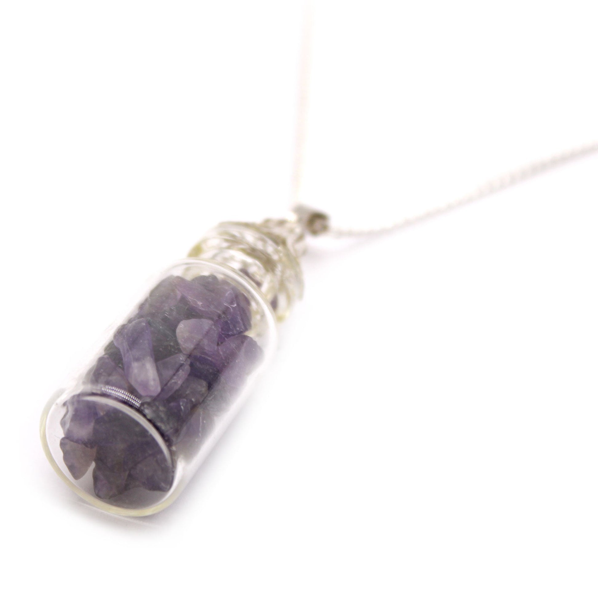 Bottled Gemstones Necklace - Amethyst product packaging on clean background from Quintessential Holistic Health Ltd