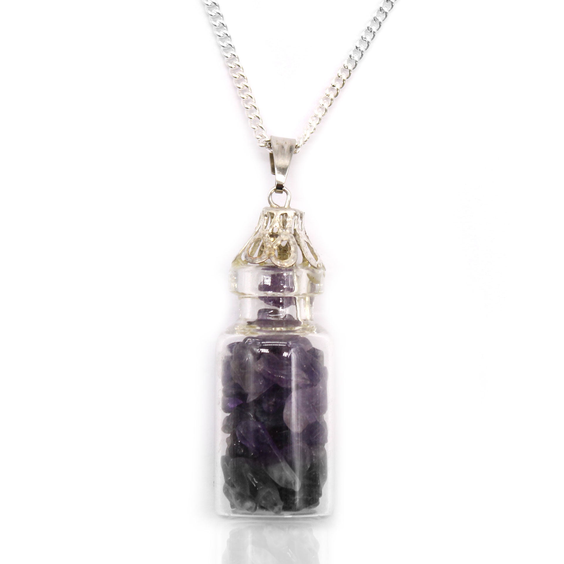 Bottled Gemstones Necklace - Amethyst product packaging on clean background from Quintessential Holistic Health Ltd