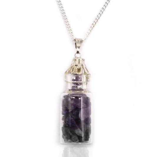 Bottled Gemstones Necklace - Amethyst product packaging on clean background from Quintessential Holistic Health Ltd