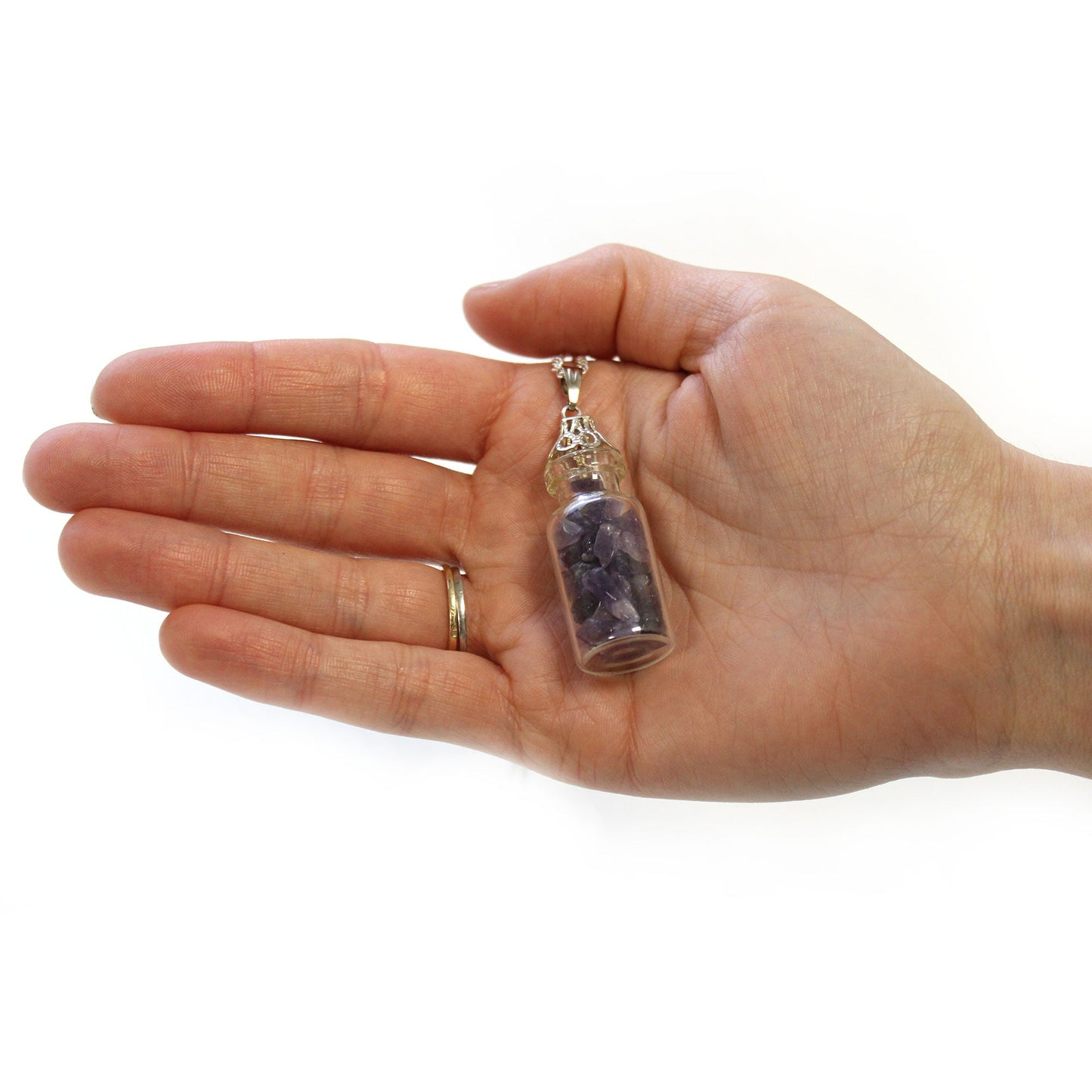 Bottled Gemstones Necklace - Amethyst product packaging on clean background from Quintessential Holistic Health Ltd