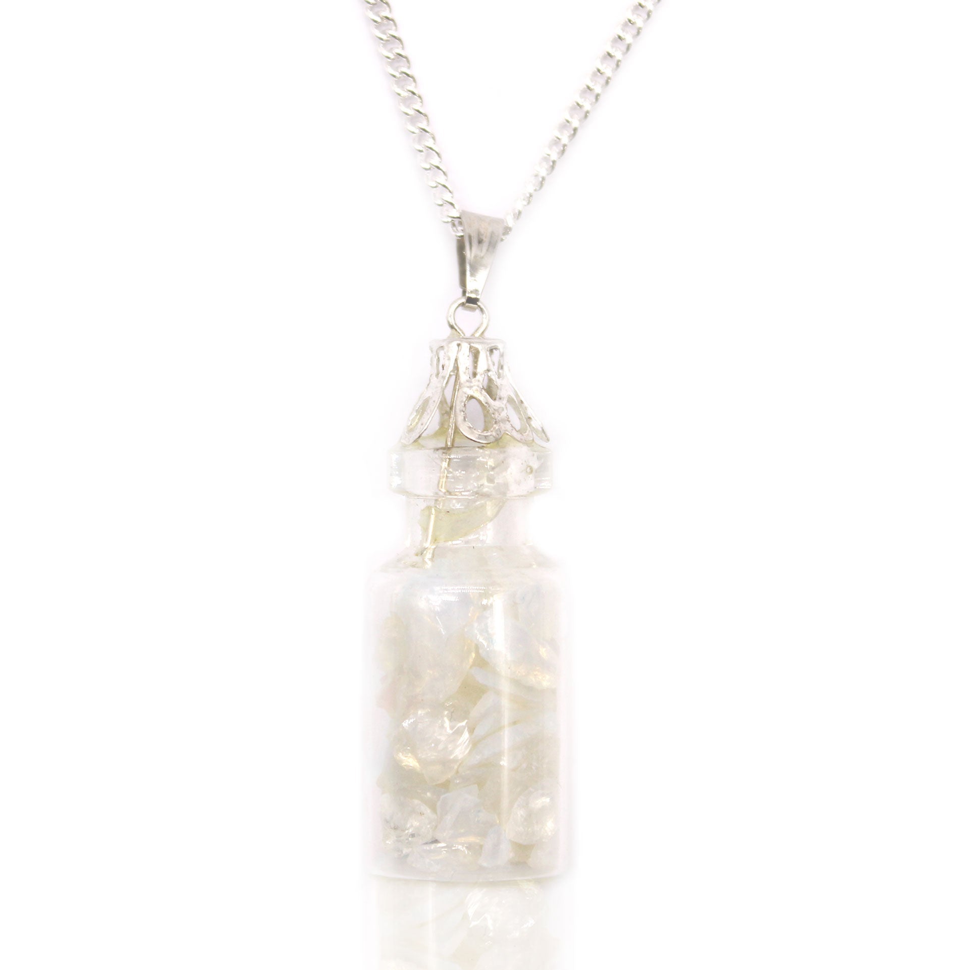 Bottled Gemstones Necklace - Opalite product packaging on clean background from Quintessential Holistic Health Ltd