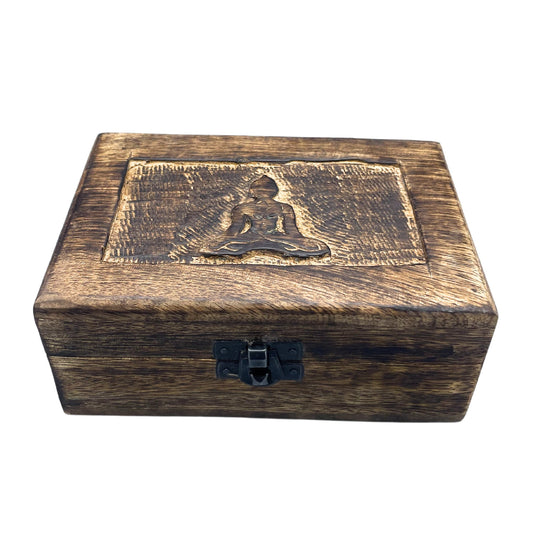 Hand Carved Mango Wood Vintage Style Keepsake Box - Medium - Rectangular - Buddha - main product image from Quintessential Holistic Health Ltd UK