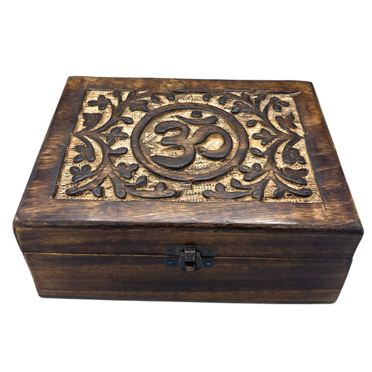 Hand Carved Mango Wood Vintage Style Keepsake Box - Large - Rectangular - Om - main product image from Quintessential Holistic Health Ltd UK