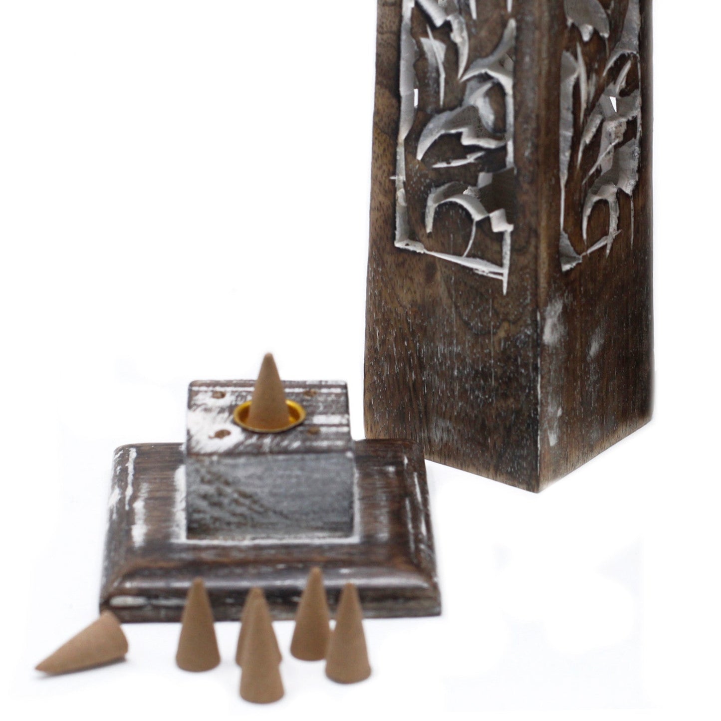 Mango Wood Tapered Incense Tower - Whitewash with a carved tower, square base and several brown cones displayed nearby by Quintessential Holistic Health Ltd