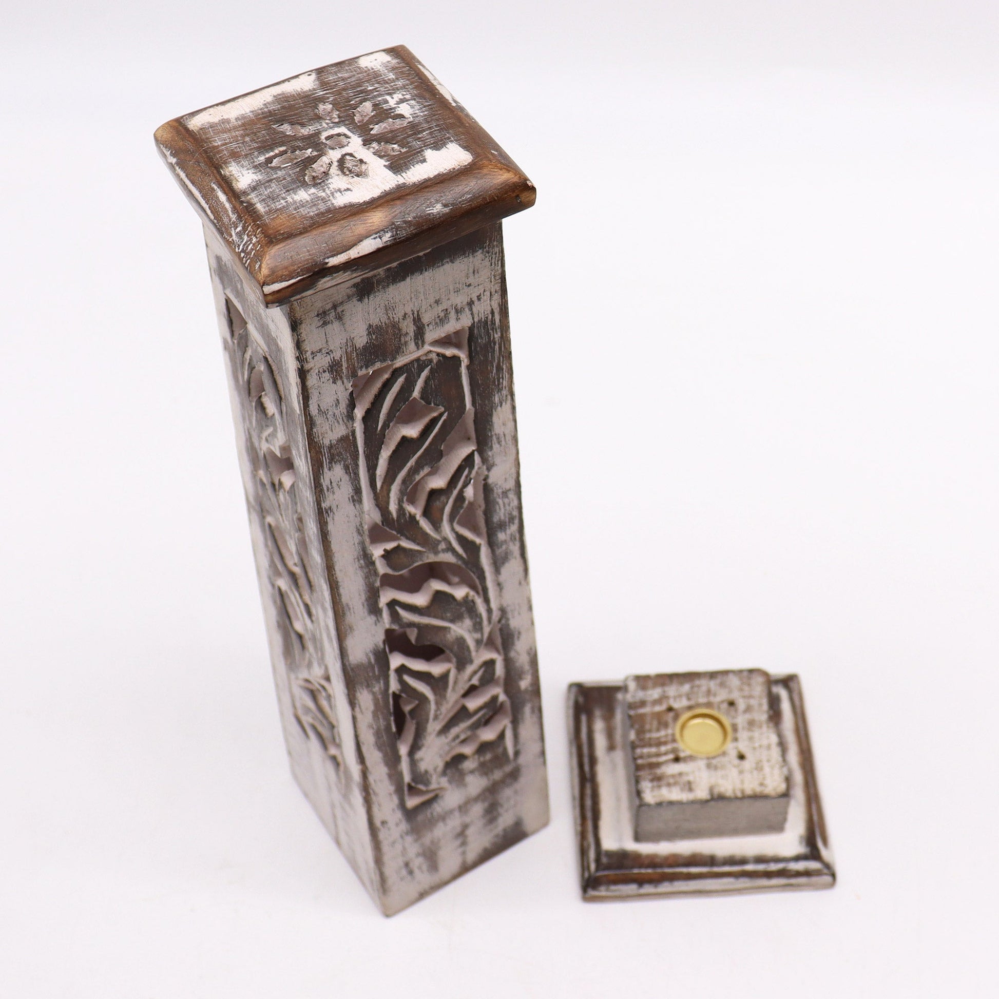 Mango Wood Tapered Incense Tower - Whitewash with carved leaf panels and its square lid placed beside it by Quintessential Holistic Health Ltd
