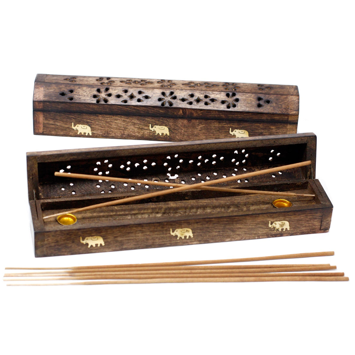 Mango Wood Incense Smoke Box - Elephants - Natural, open with crossed incense sticks, pierced panels and gold elephant details, by Quintessential Holistic Health Ltd