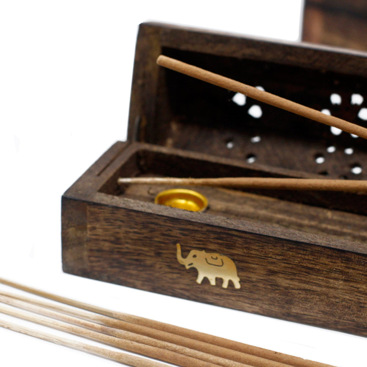 Mango Wood Incense Smoke Box - Elephants - Natural, close-up with the pierced lid raised, crossed wooden sticks and a gold elephant detail, by Quintessential Holistic Health Ltd